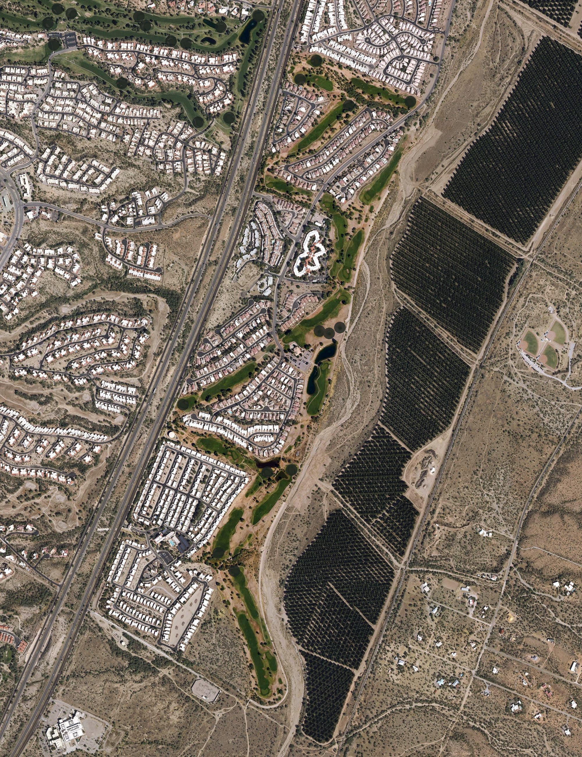 Aerial view of Torres Blancas Golf Club, AZ, with its hole routing marked