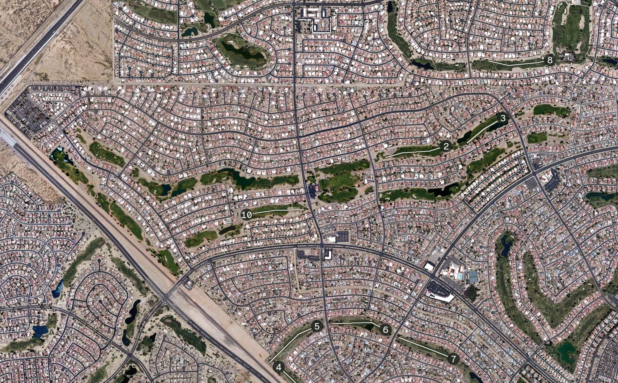 Aerial view of Trail Ridge Golf Course, AZ, with its hole routing marked