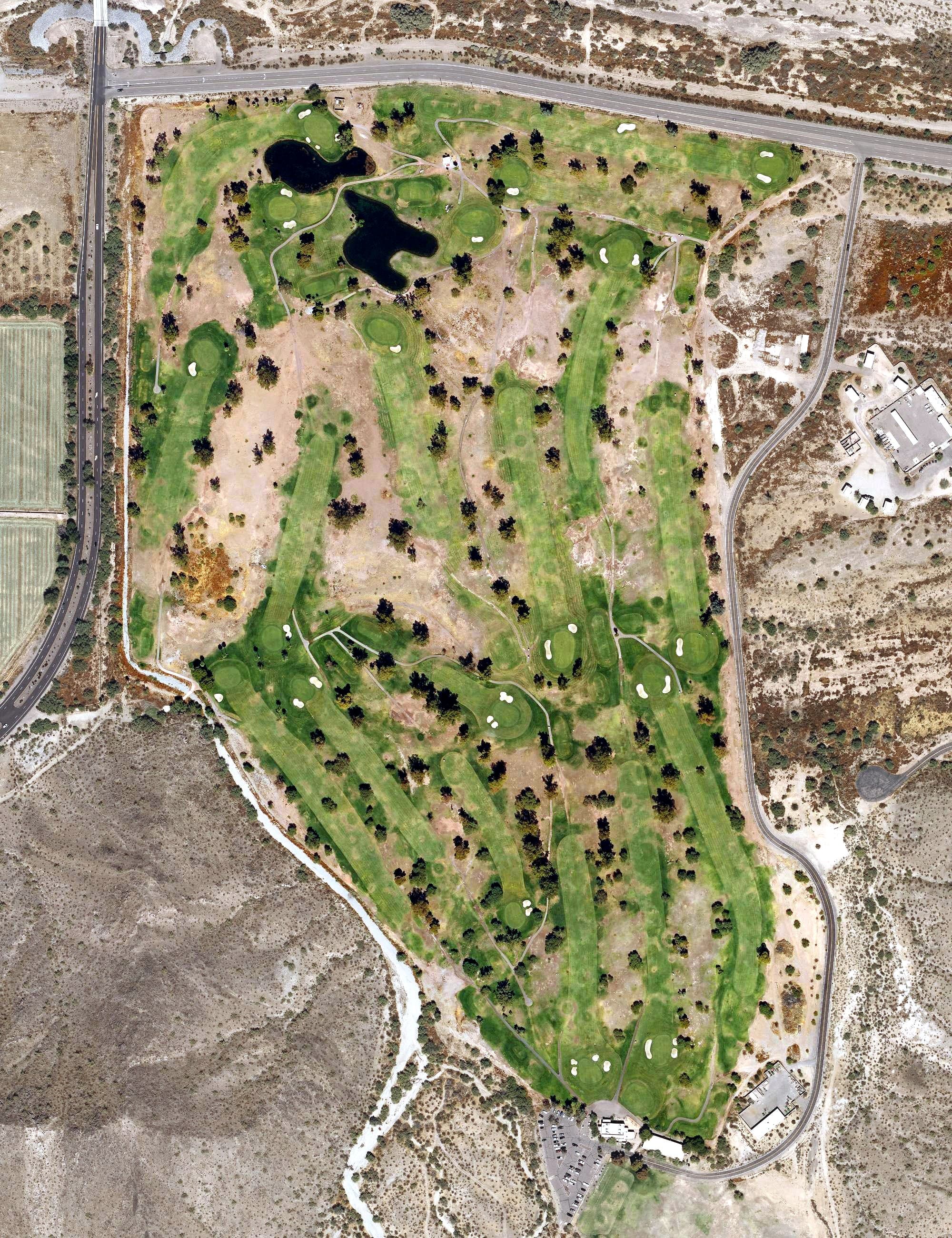 Aerial view of Tres Rios Golf Course, AZ, with its hole routing marked