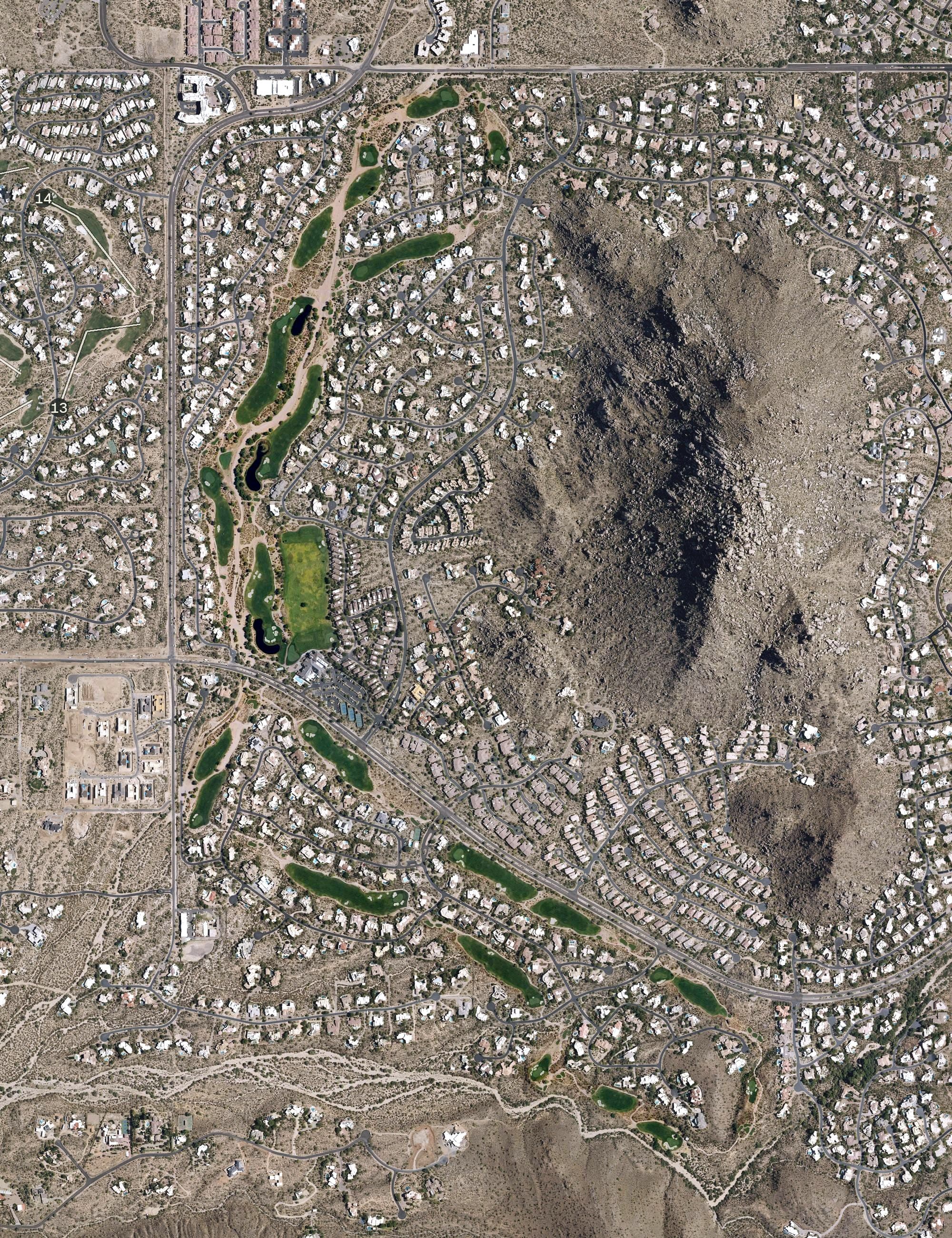 Aerial view of Troon Country Club, AZ, with its hole routing marked