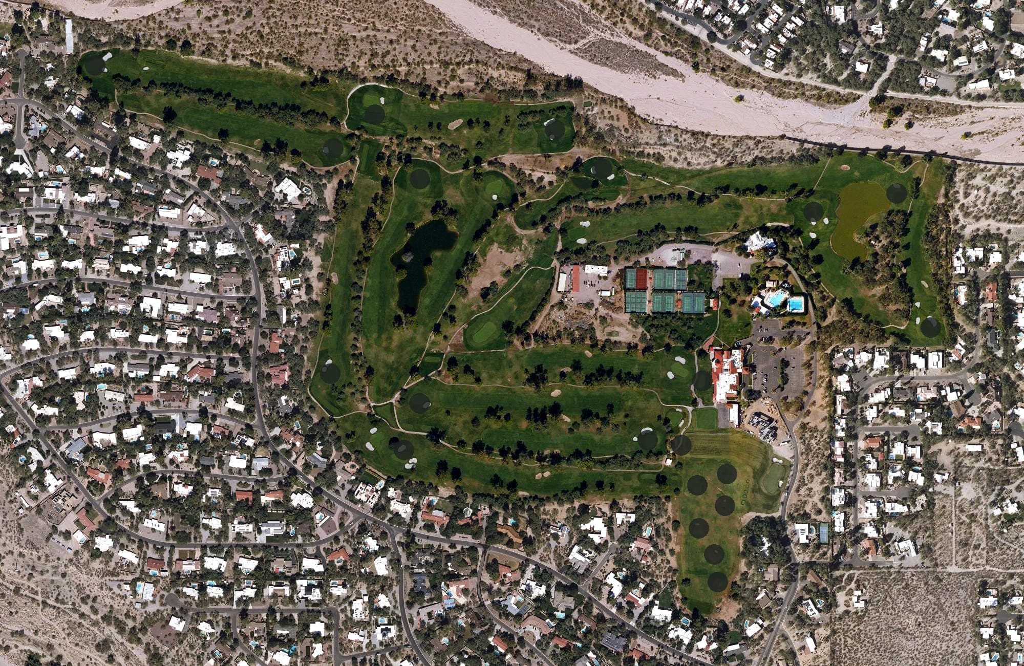 Aerial view of Tucson Country Club, AZ, with its hole routing marked