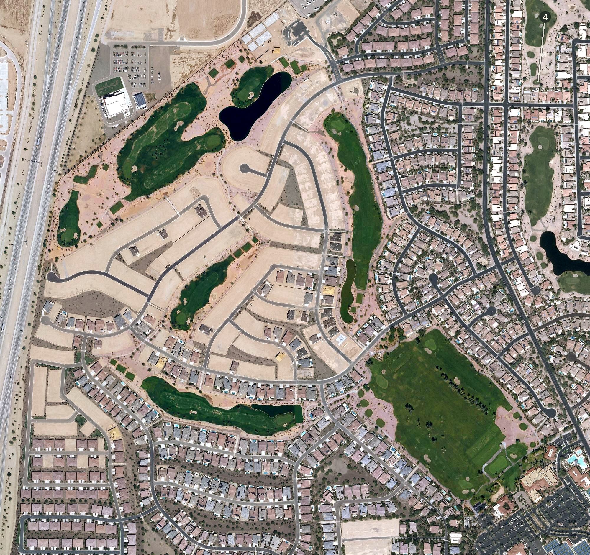 Aerial view of Tuscany Falls Golf Club, AZ, with its hole routing marked