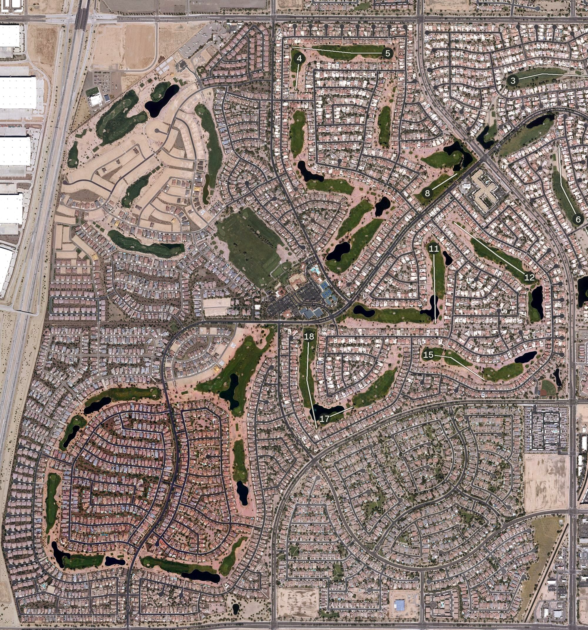 Aerial view of Tuscany Falls Golf Club, AZ, with its hole routing marked