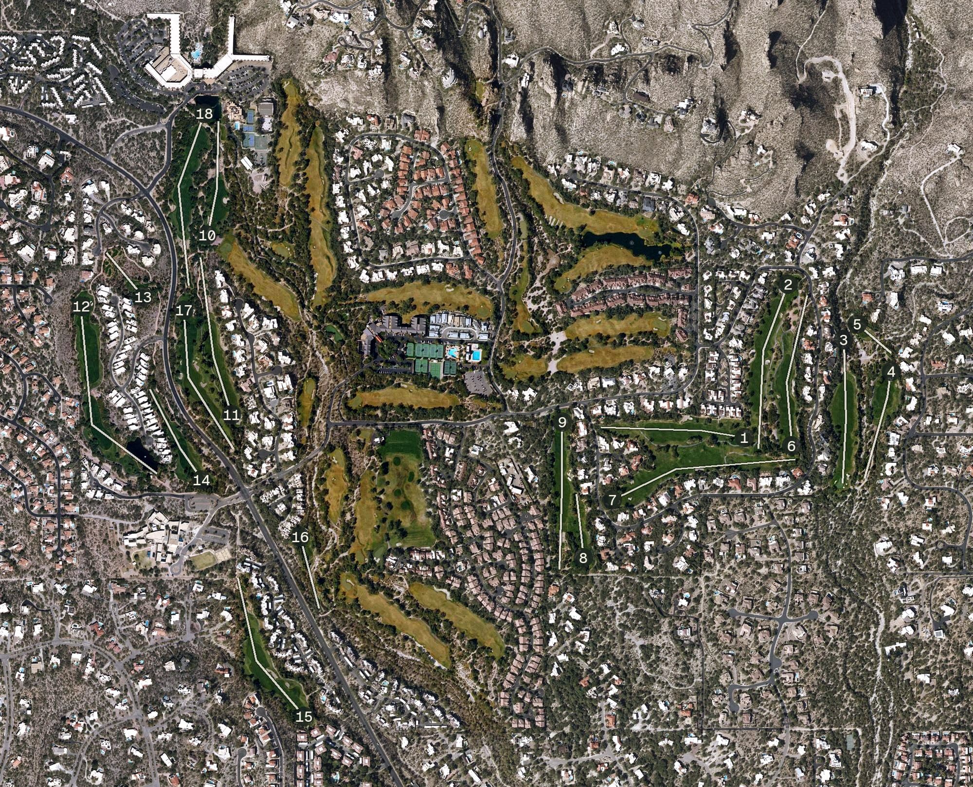 Aerial view of Ventana Canyon Golf Course, AZ, with its hole routing marked