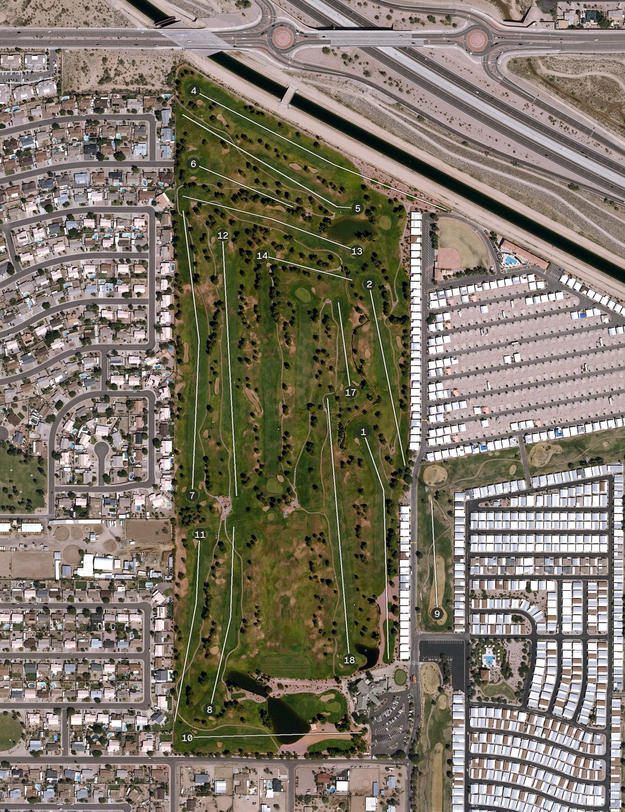 Aerial view of Viewpoint Championship Course, AZ, with its hole routing marked