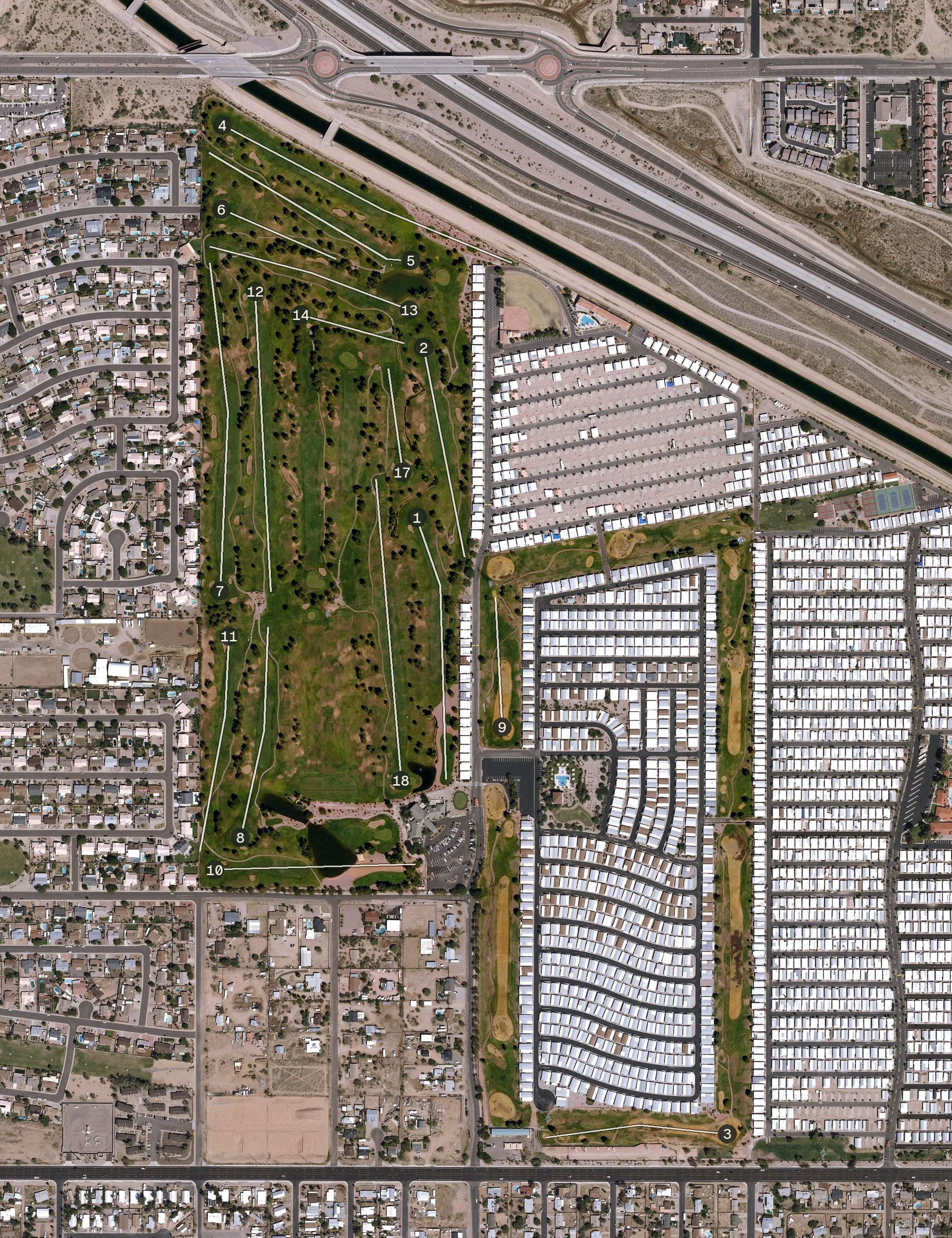 Aerial view of Viewpoint Golf Resort, AZ, with its hole routing marked