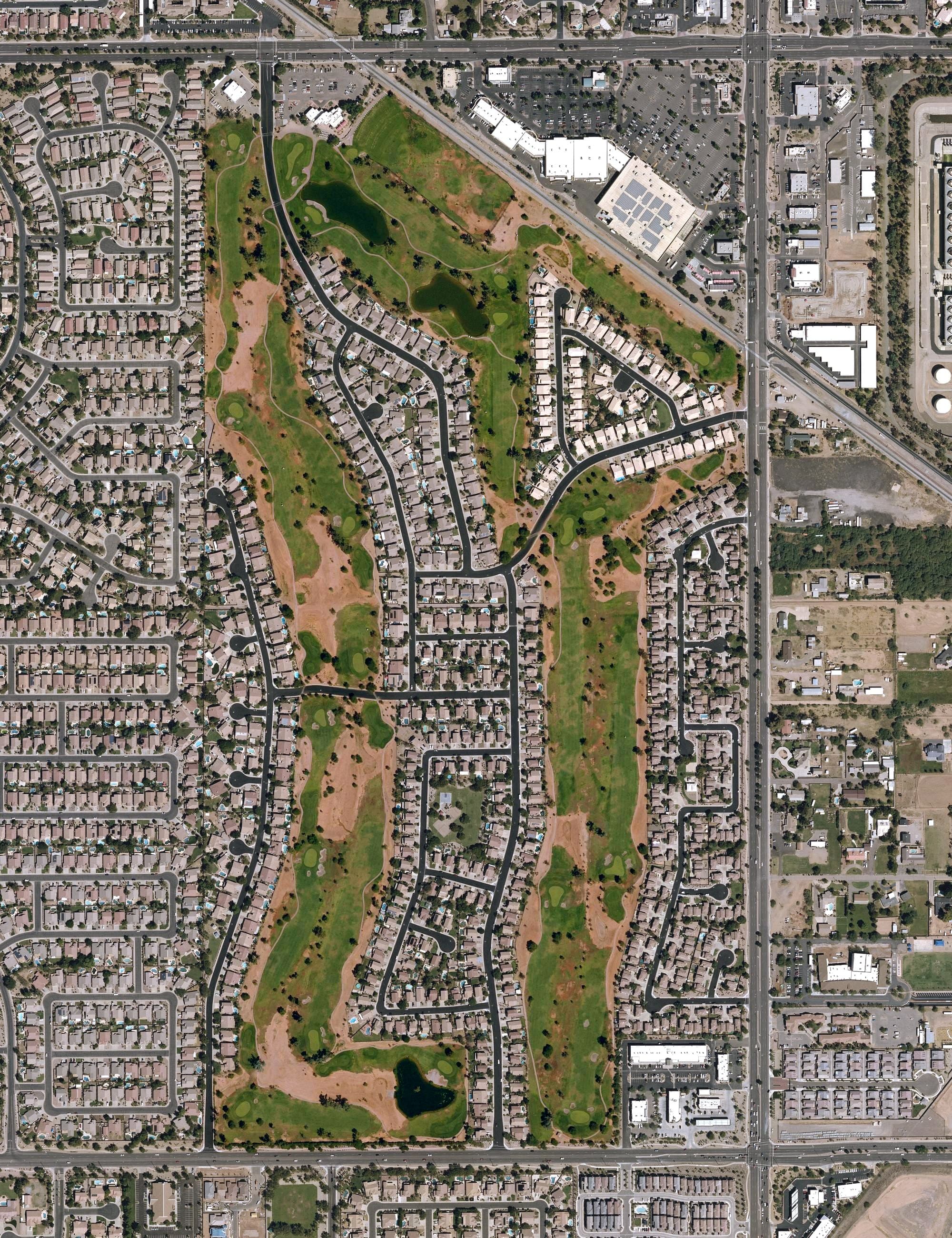 Aerial view of Western Skies Golf Club, AZ, with its hole routing marked