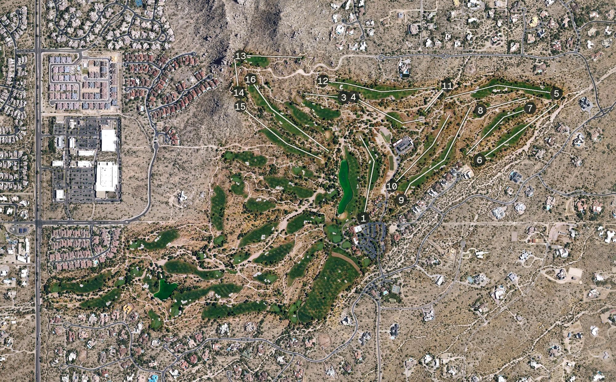 Aerial view of Whisper Rock Golf Club, AZ, with its hole routing marked