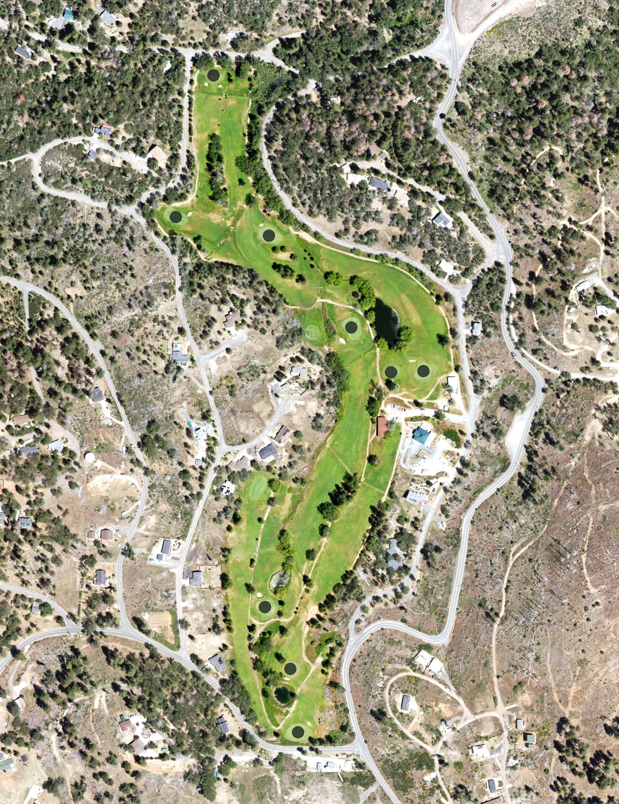 Aerial view of Adams Springs Golf Course, CA, with its hole routing marked