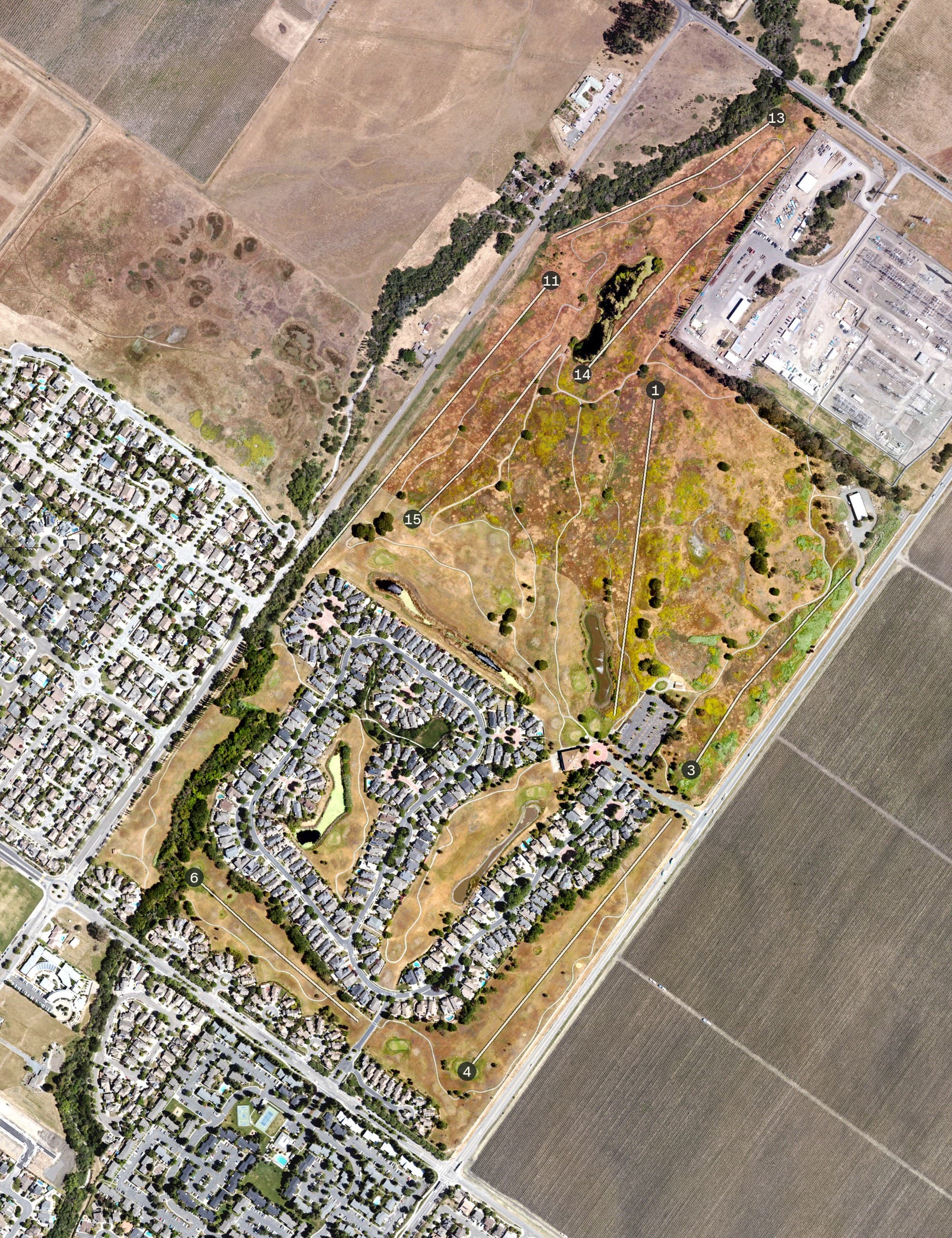 Aerial view of Adobe Creek Golf Club, CA, with its hole routing marked