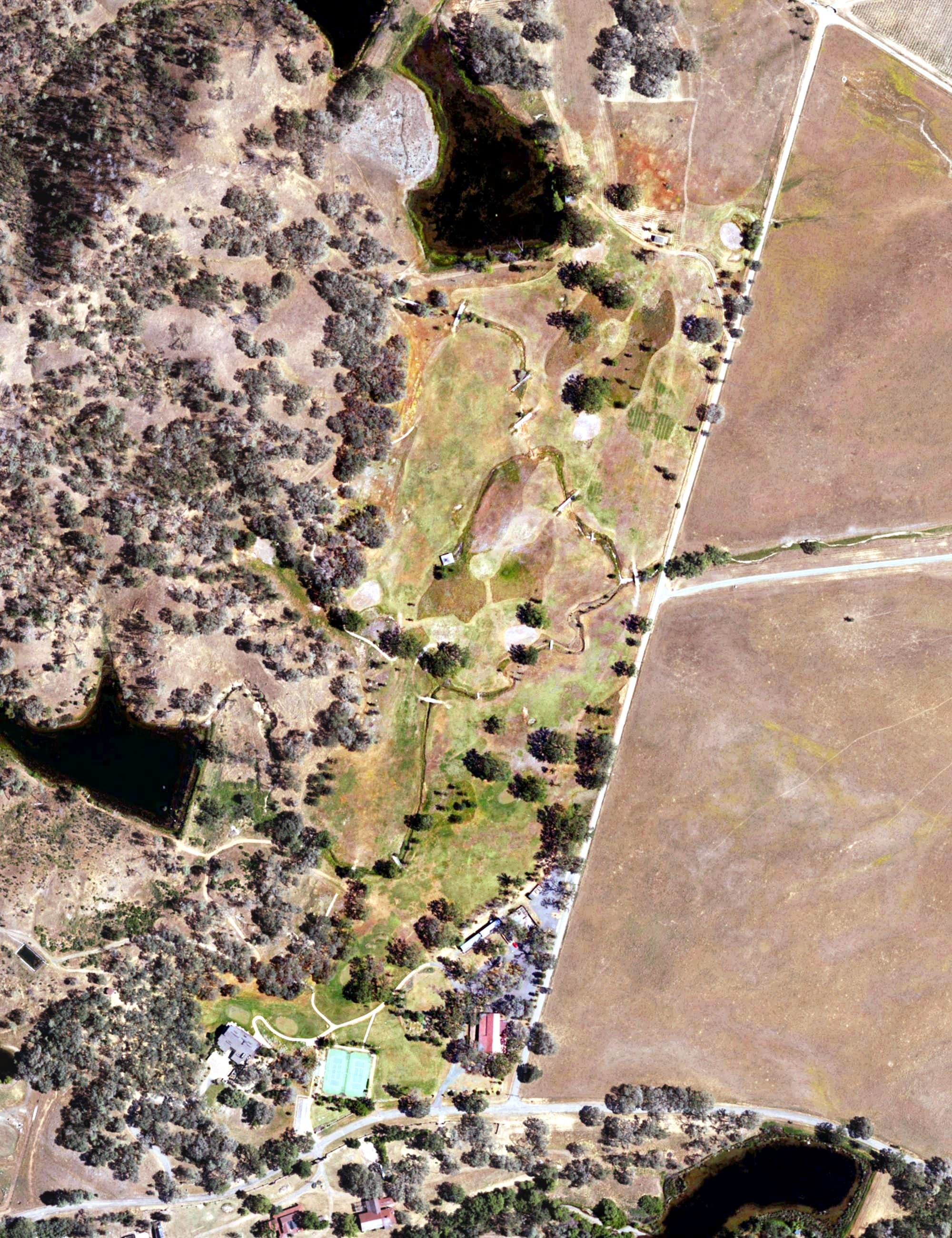 Aerial view of Aetna Springs Golf Course, CA, with its hole routing marked