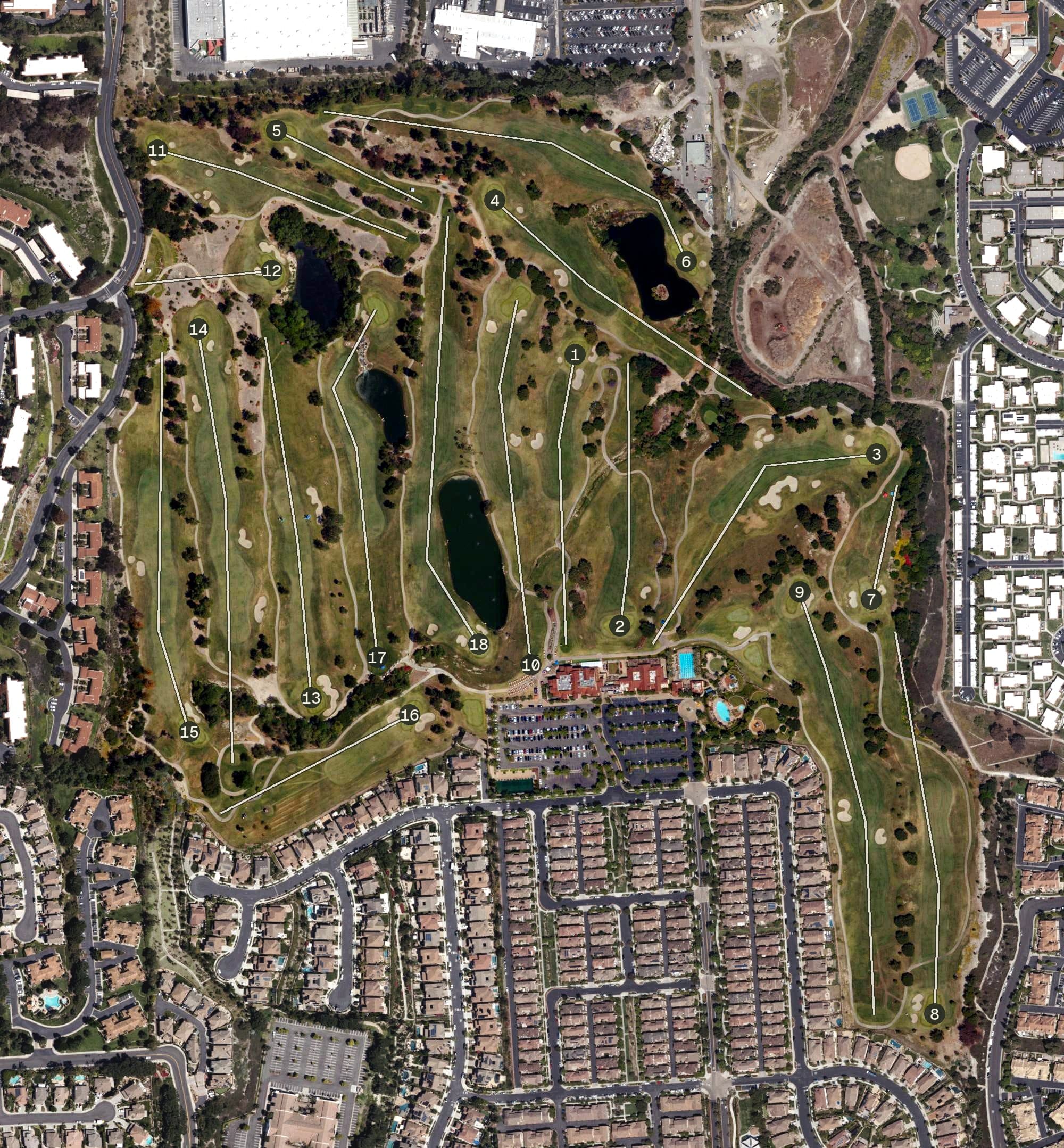 Aerial view of Aliso Viejo Resort and Golf Course, CA, with its hole routing marked
