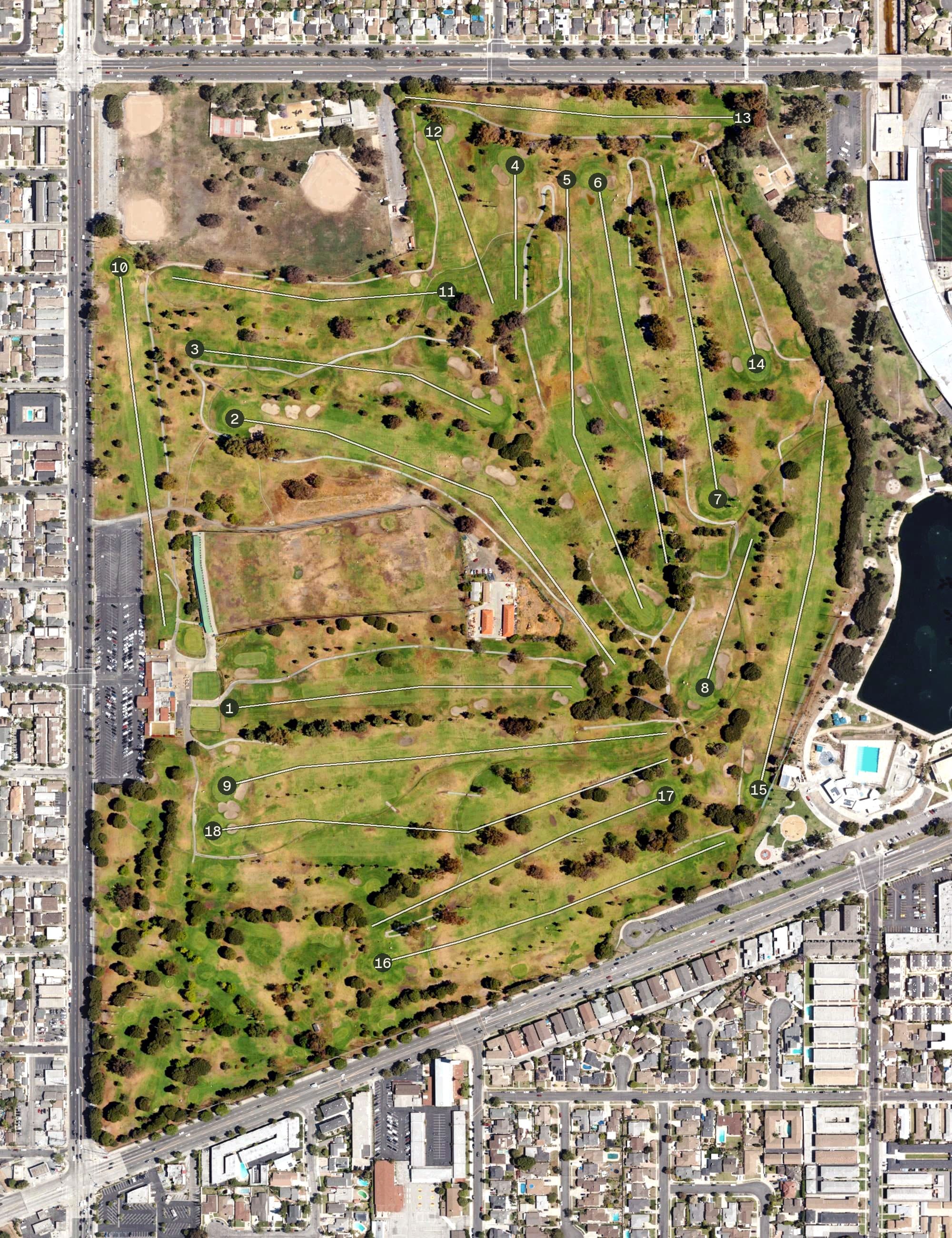 Aerial view of Alondra Park Golf Course, CA, with its hole routing marked