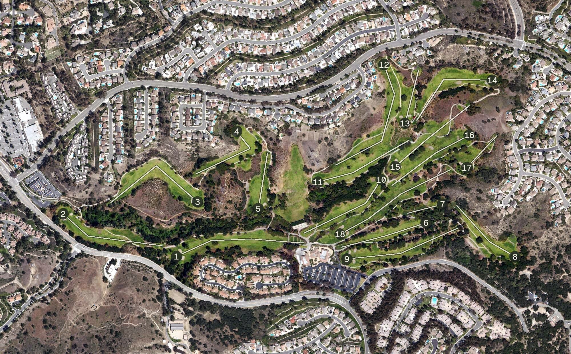 Aerial view of Anaheim Hills Golf Course, CA, with its hole routing marked
