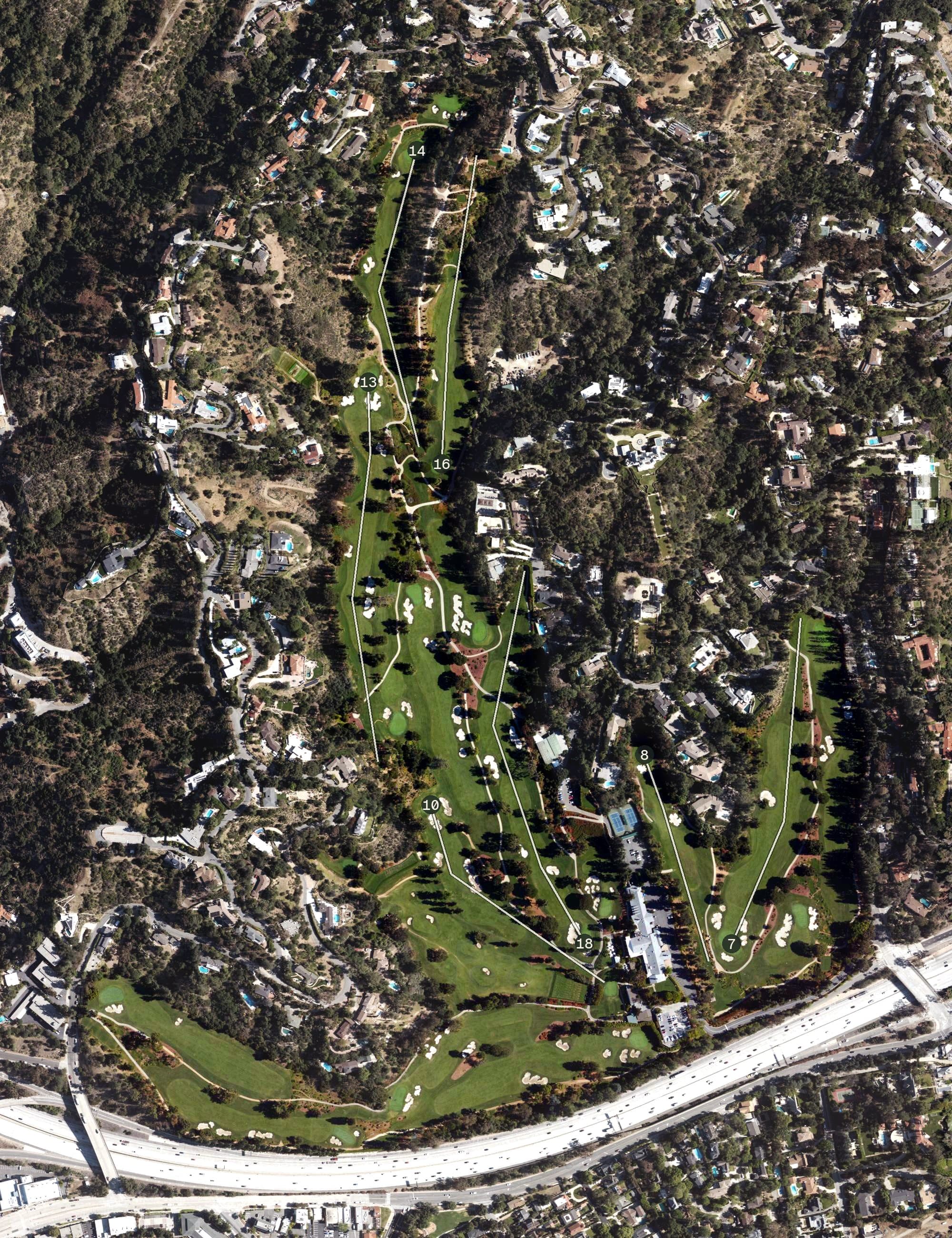 Aerial view of Annandale Country Club, CA, with its hole routing marked