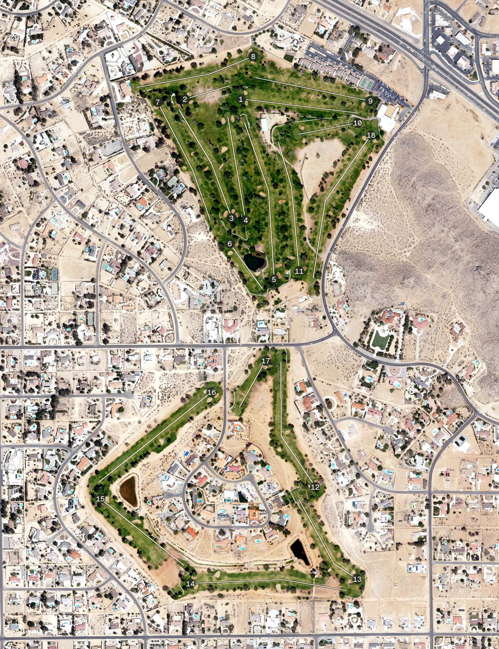 Aerial view of Apple Valley Golf Course, CA, with its hole routing marked