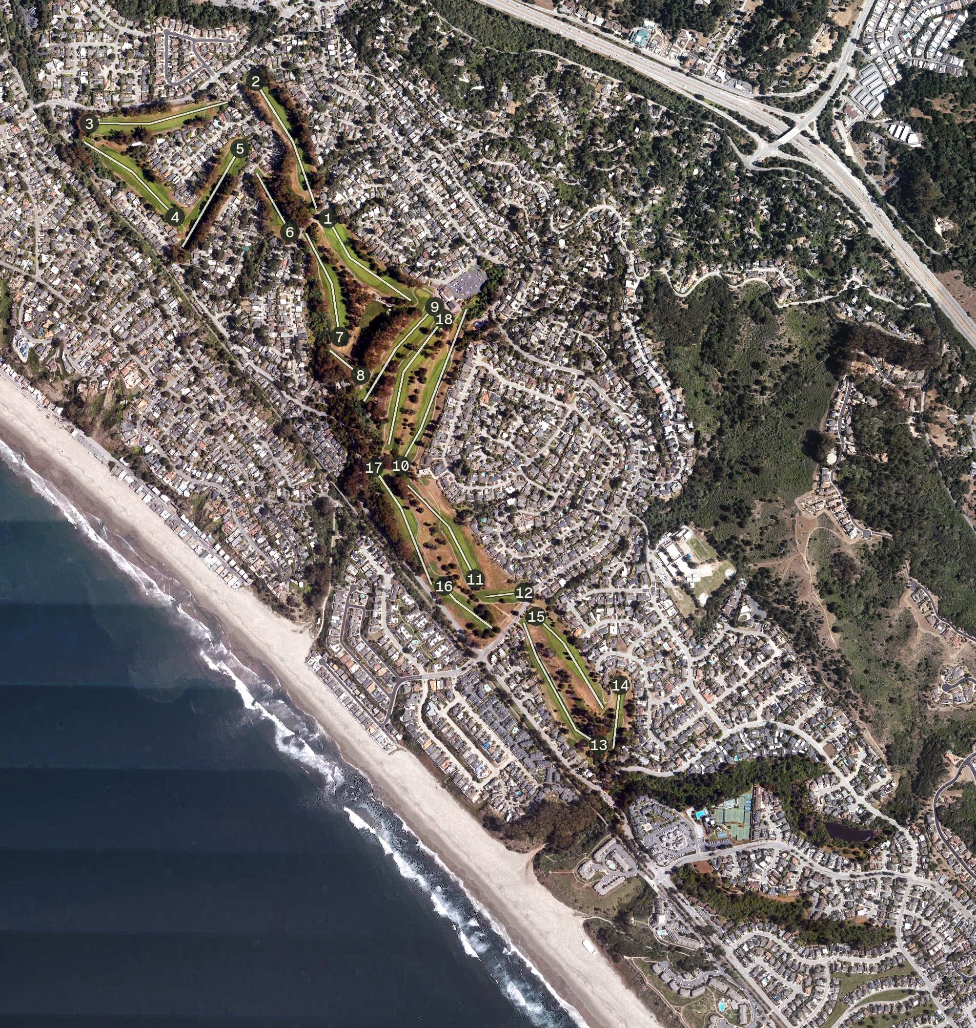 Aerial view of Aptos Seascape Golf Course, CA, with its hole routing marked