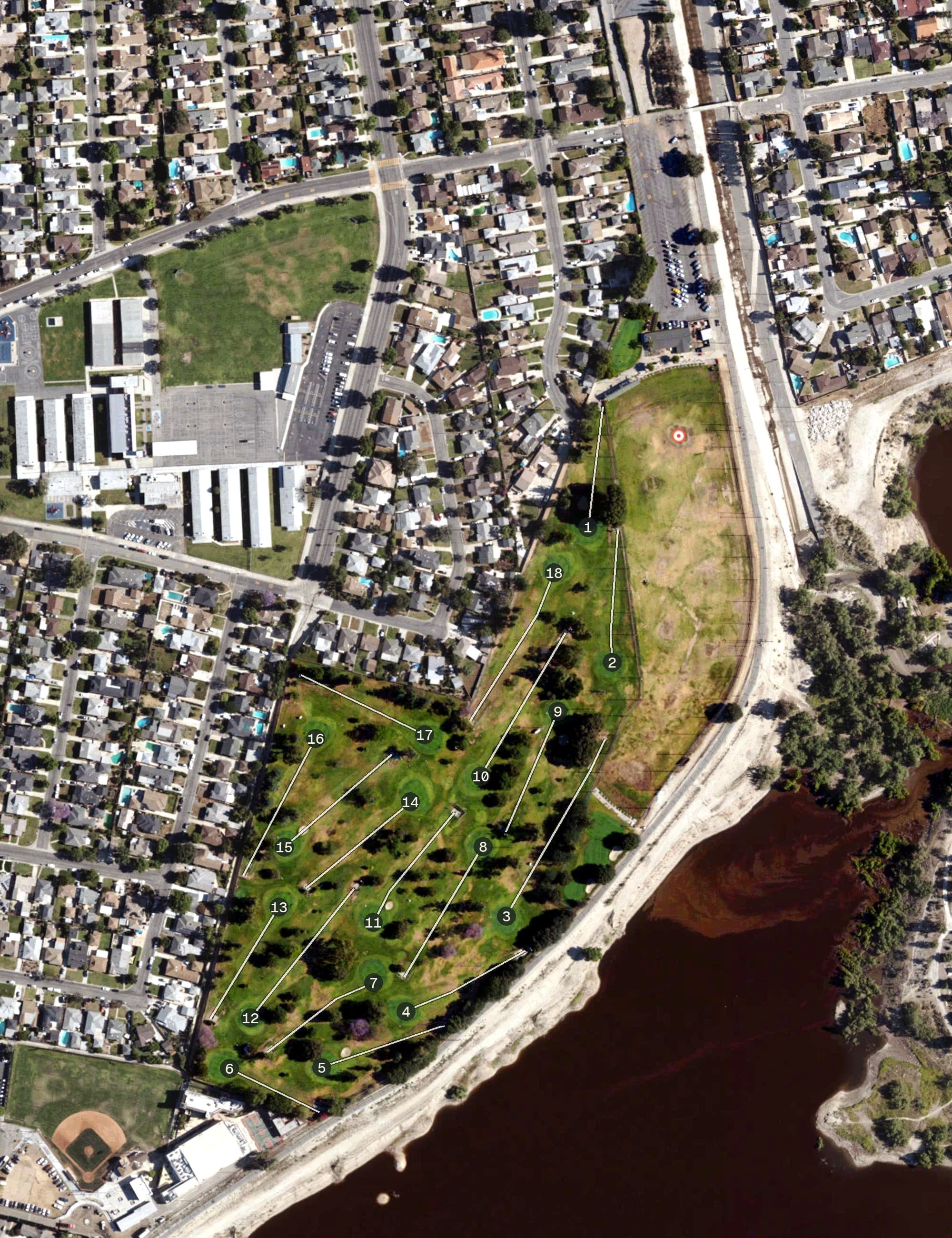 Aerial view of Arcadia Par 3 Golf Course, CA, with its hole routing marked