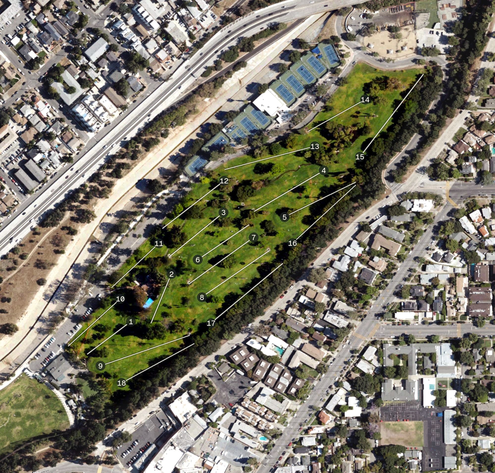 Aerial view of Arroyo Seco Golf Course, CA, with its hole routing marked