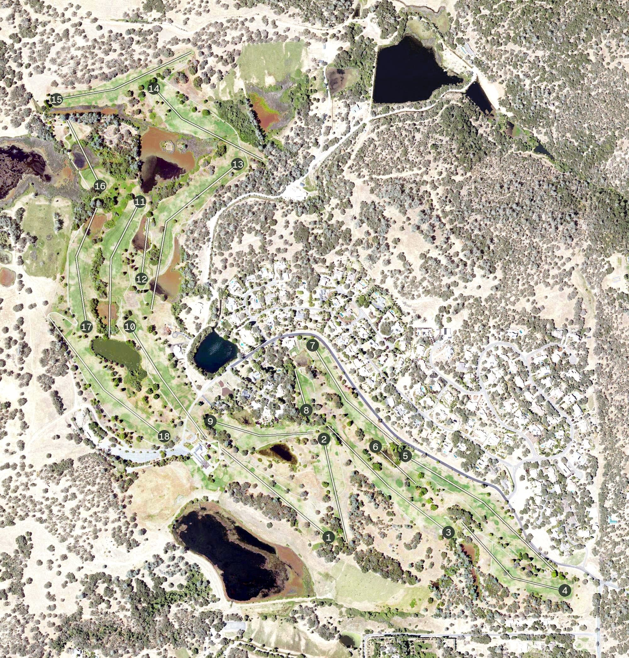 Aerial view of Auburn Valley Golf Club, CA, with its hole routing marked