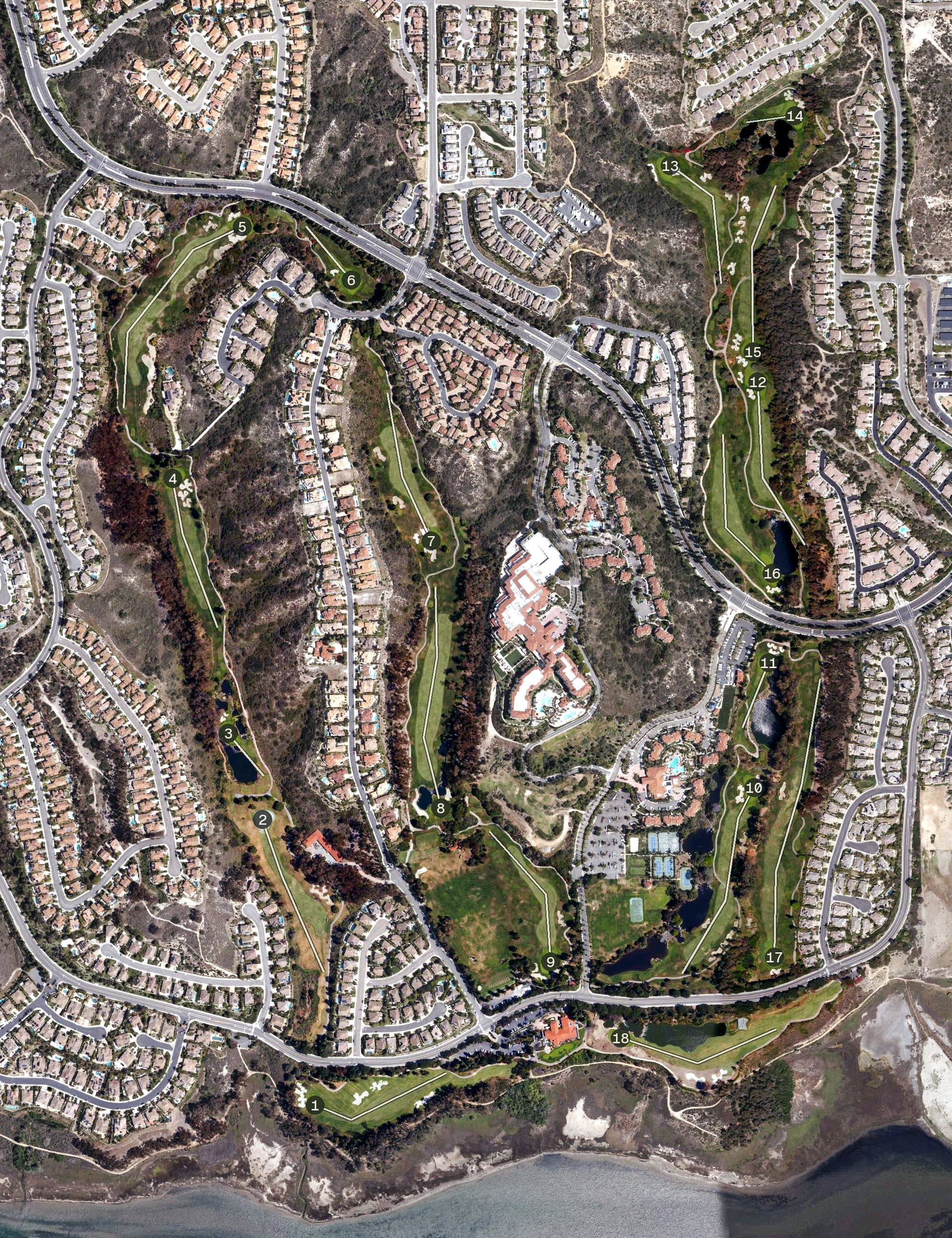 Aerial view of Aviara Golf Club, CA, with its hole routing marked