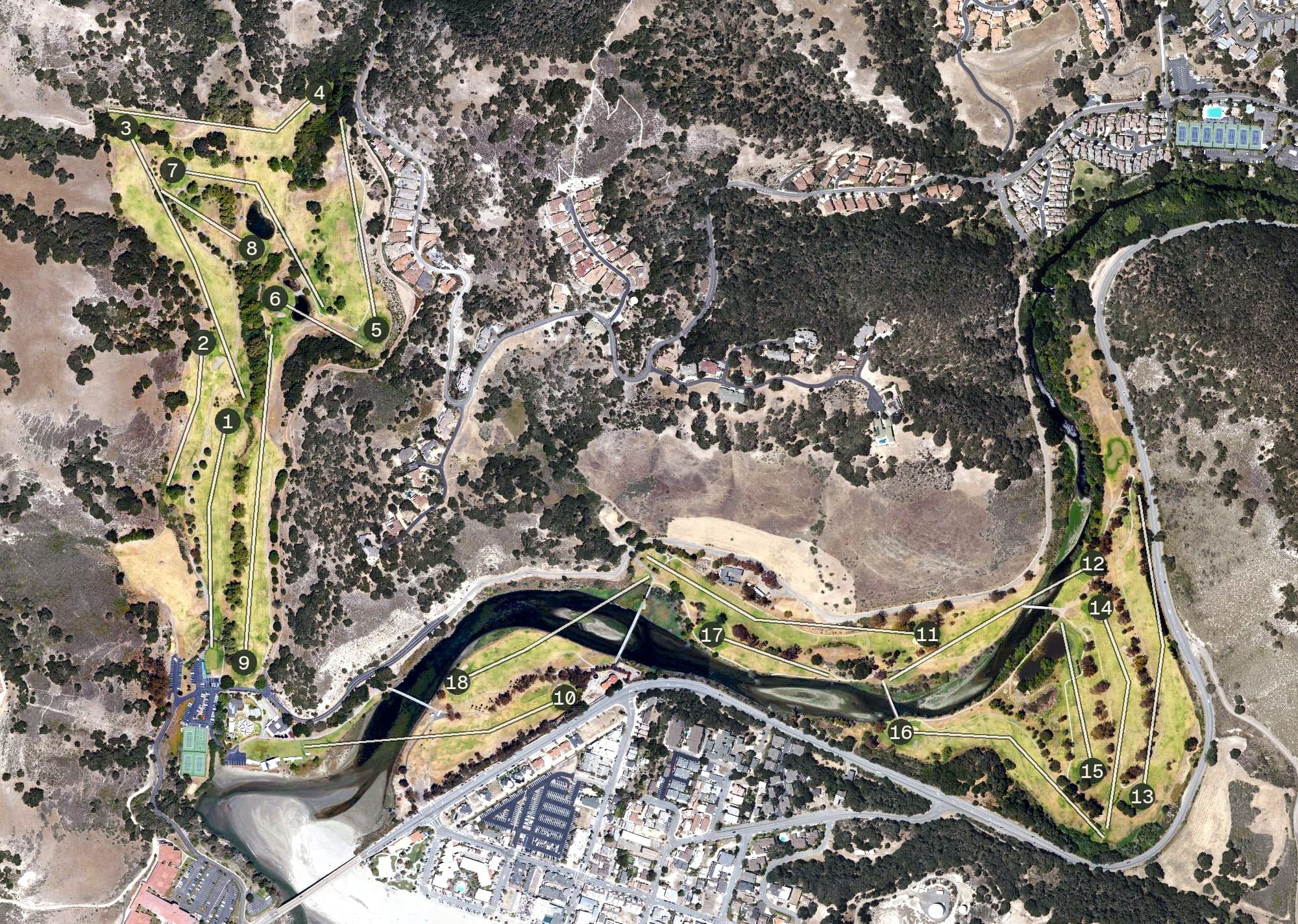 Aerial view of Avila Beach Resort Golf Course, CA, with its hole routing marked
