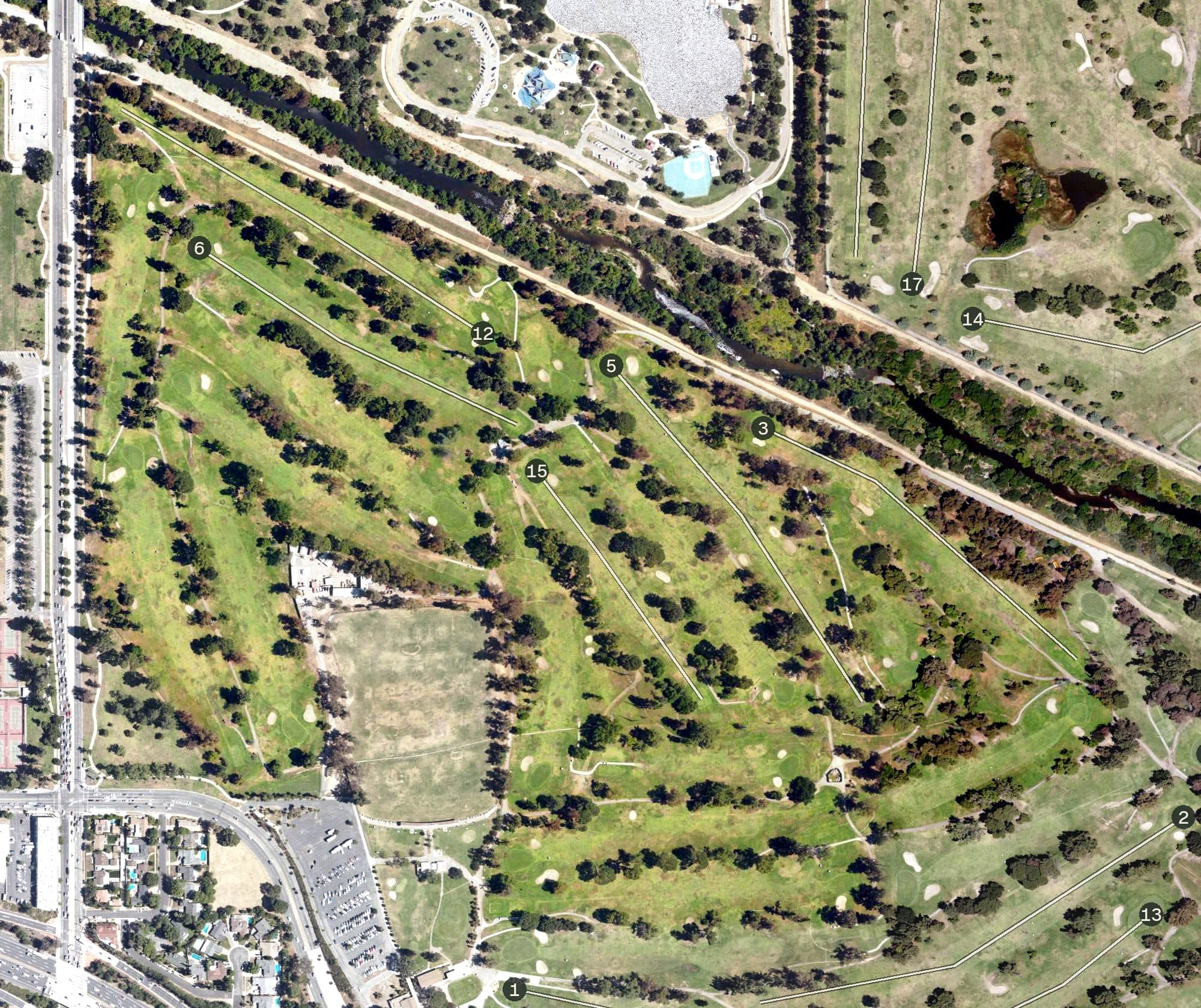 Aerial view of Balboa Municipal Golf Course, CA, with its hole routing marked