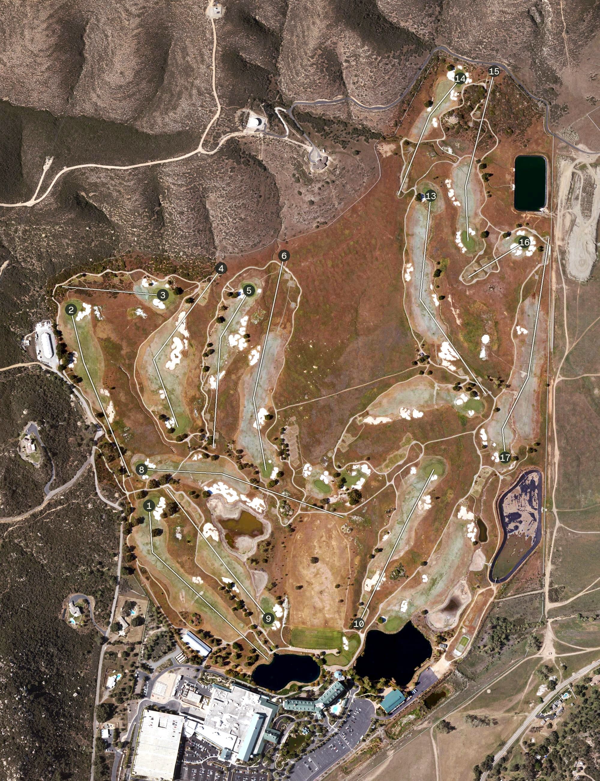 Aerial view of Barona Resort Golf Course, CA, with its hole routing marked