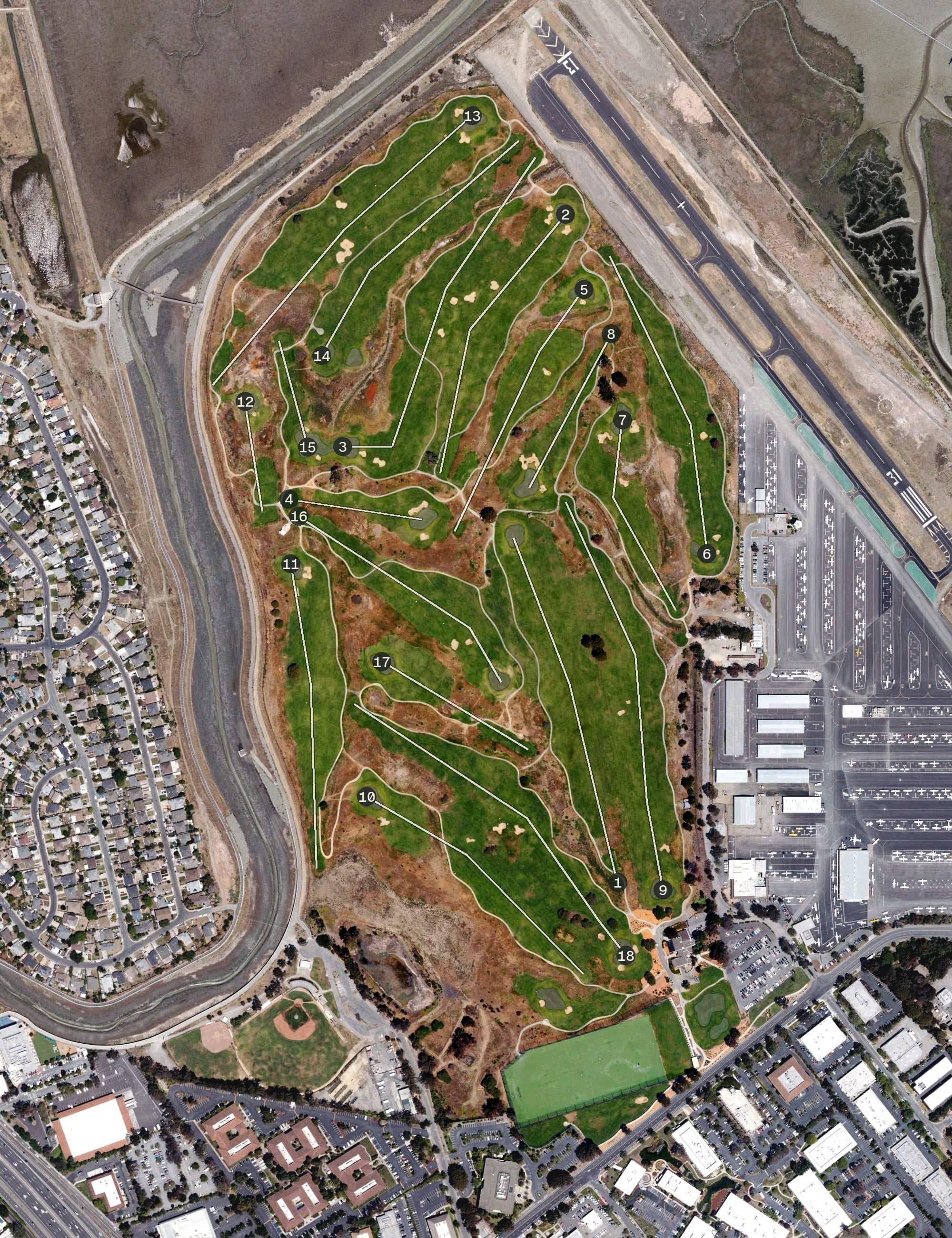 Aerial view of Baylands Golf Links, CA, with its hole routing marked