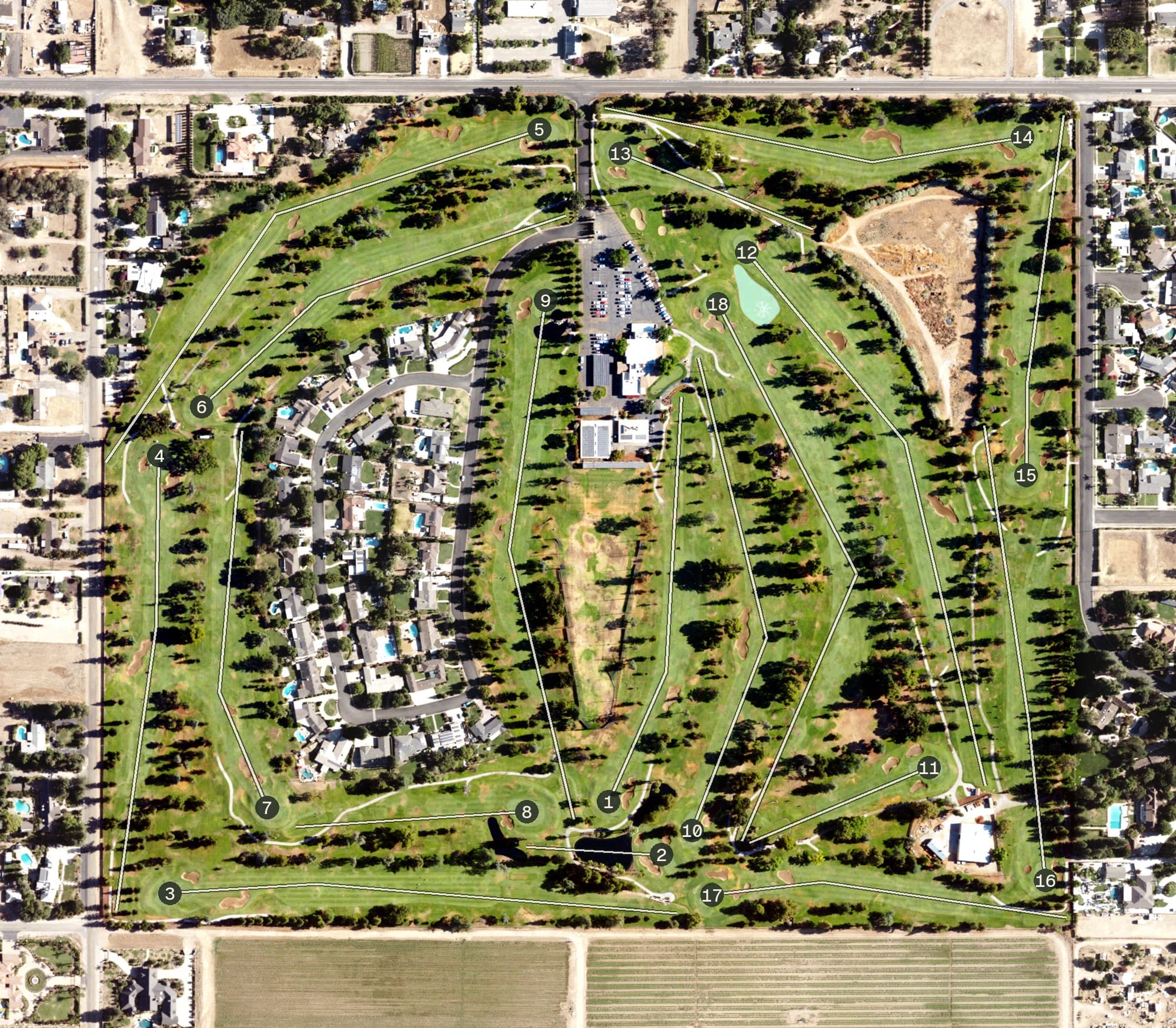 Aerial view of Belmont Country Club, CA, with its hole routing marked