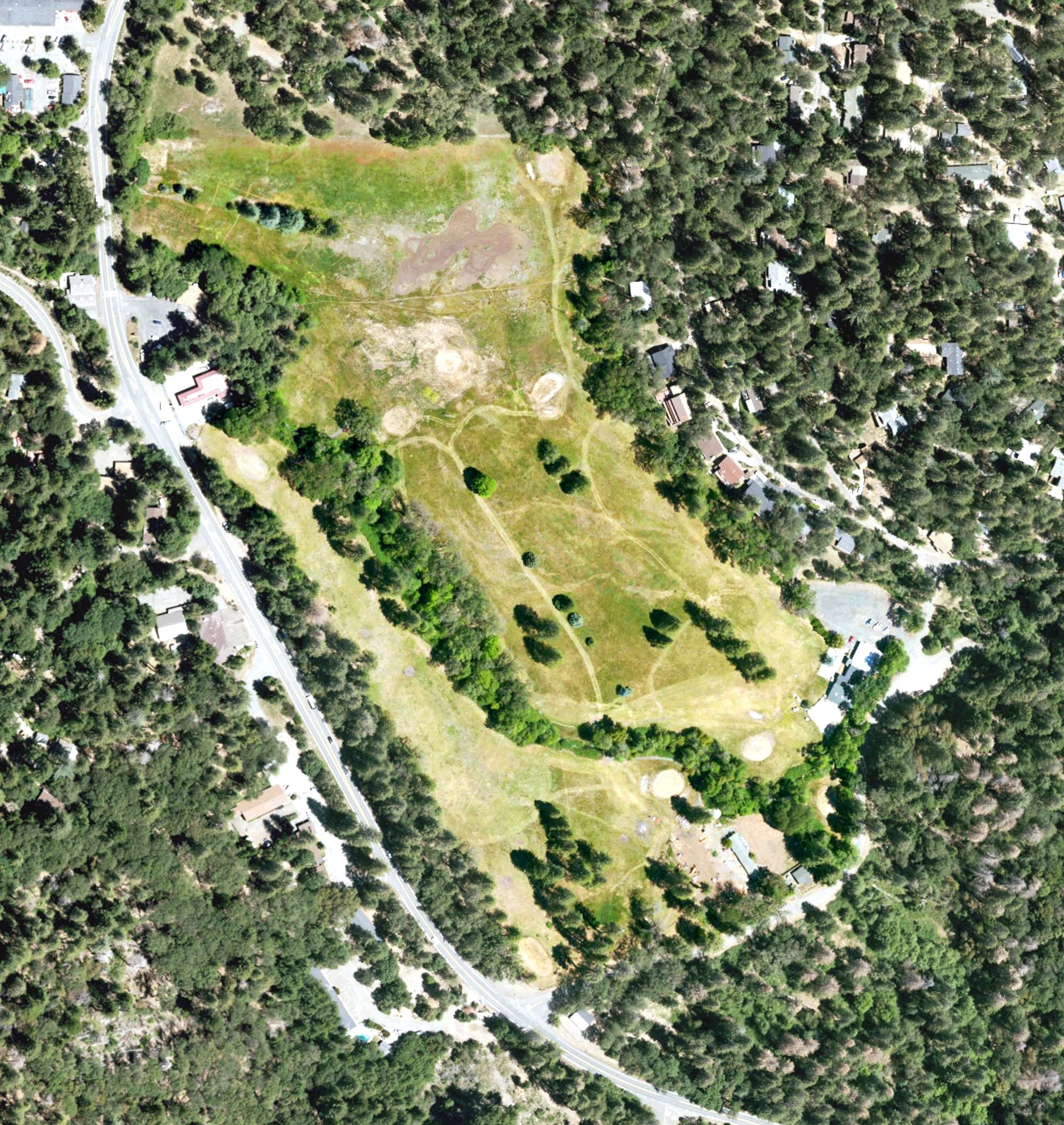Aerial view of Belmont Pines Golf Course, CA, with its hole routing marked