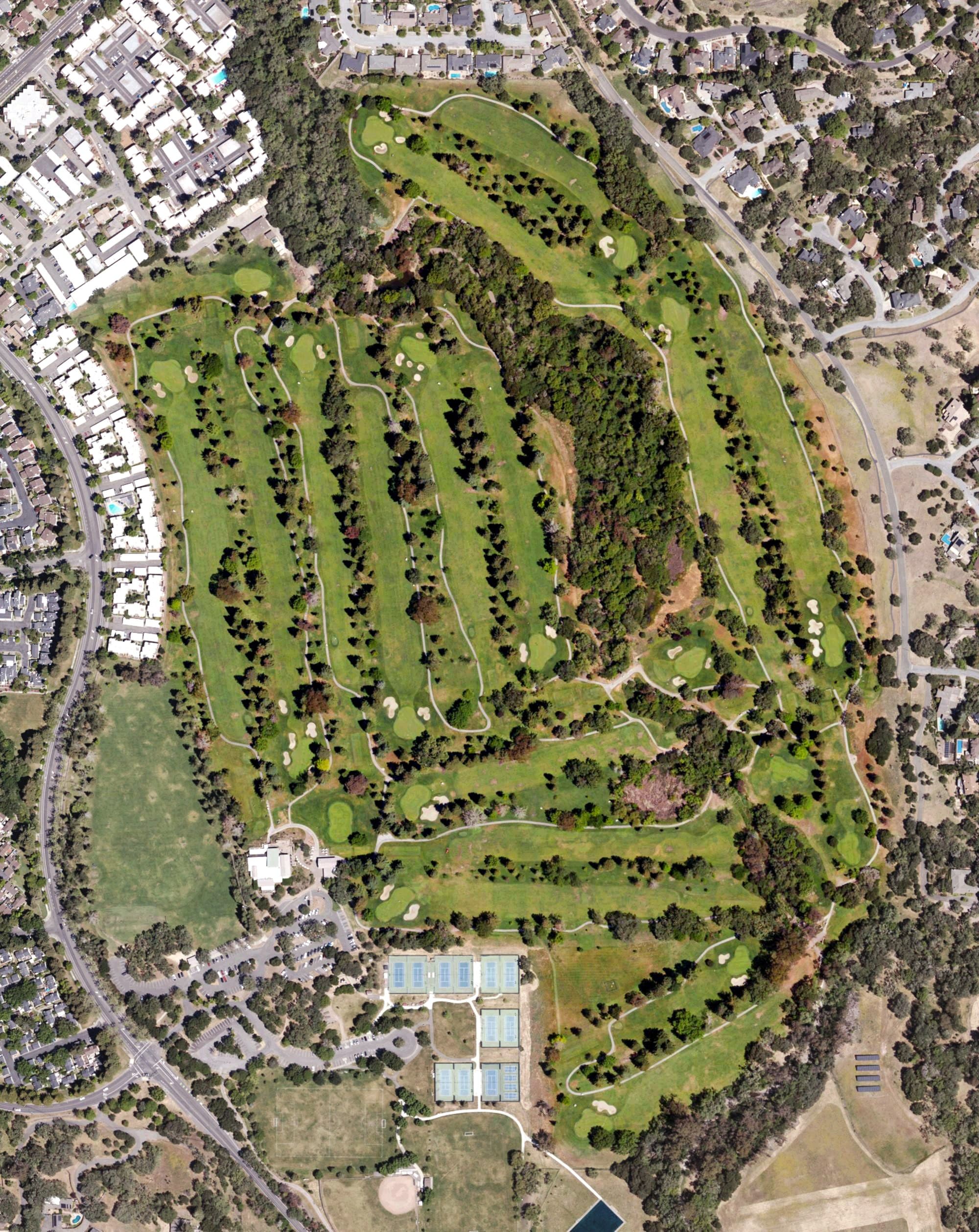 Aerial view of Bennett Valley Golf Course, CA, with its hole routing marked