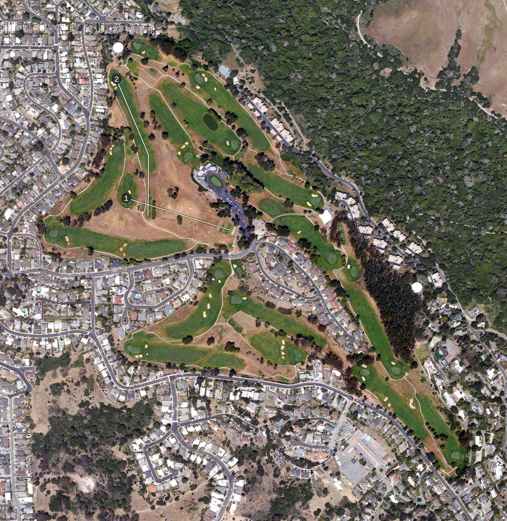 Aerial view of Berkeley Country Club, CA, with its hole routing marked