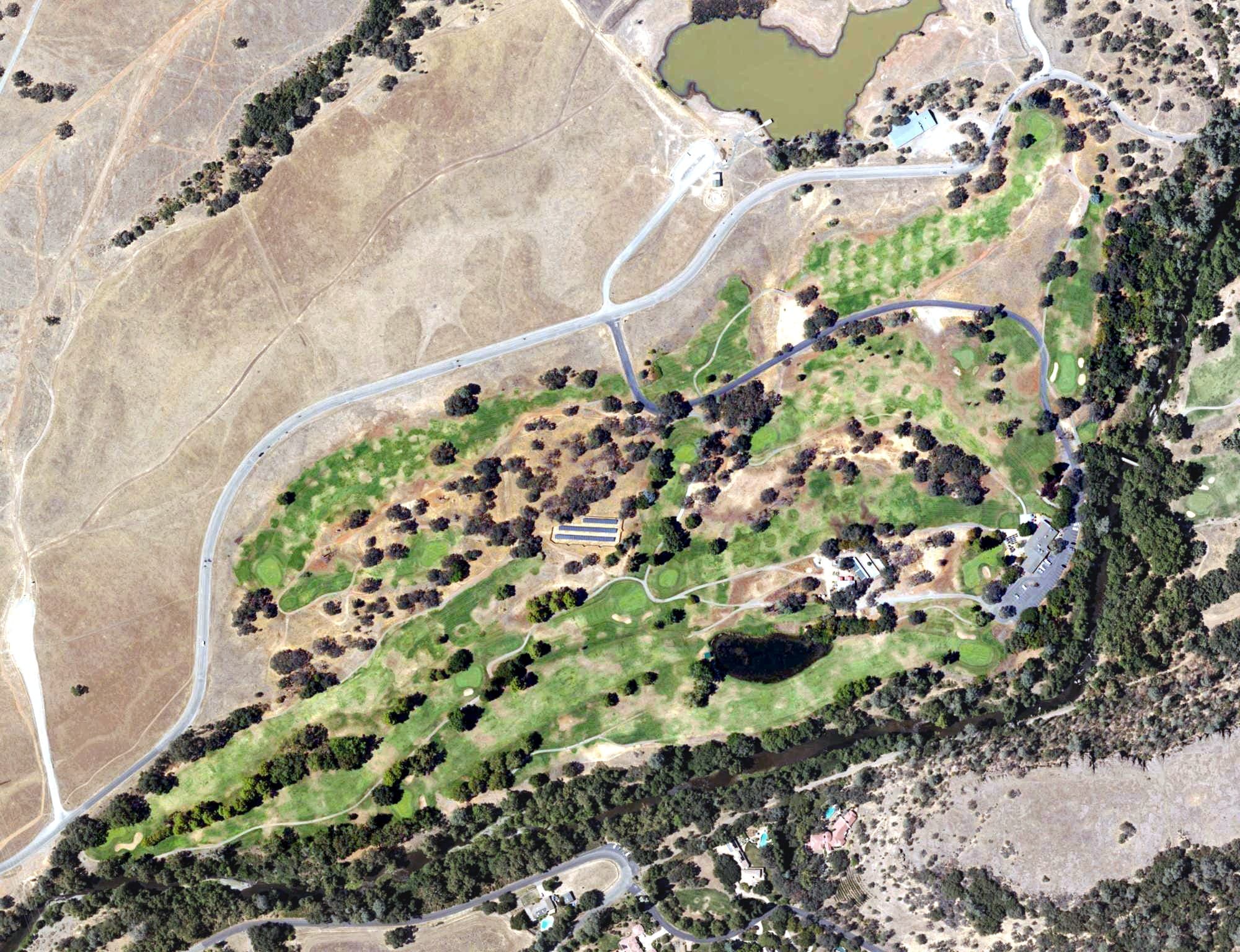 Aerial view of Bidwell Park Golf Course, CA, with its hole routing marked