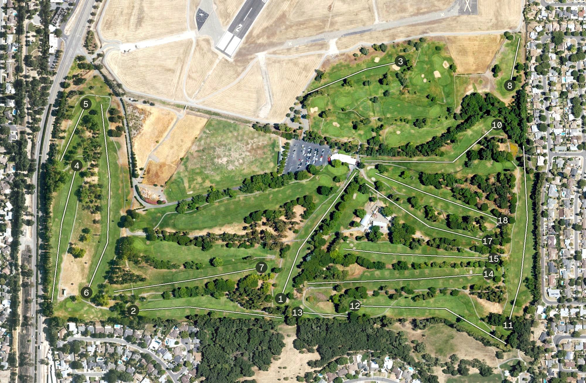 Aerial view of Bing Maloney Golf Club, CA, with its hole routing marked