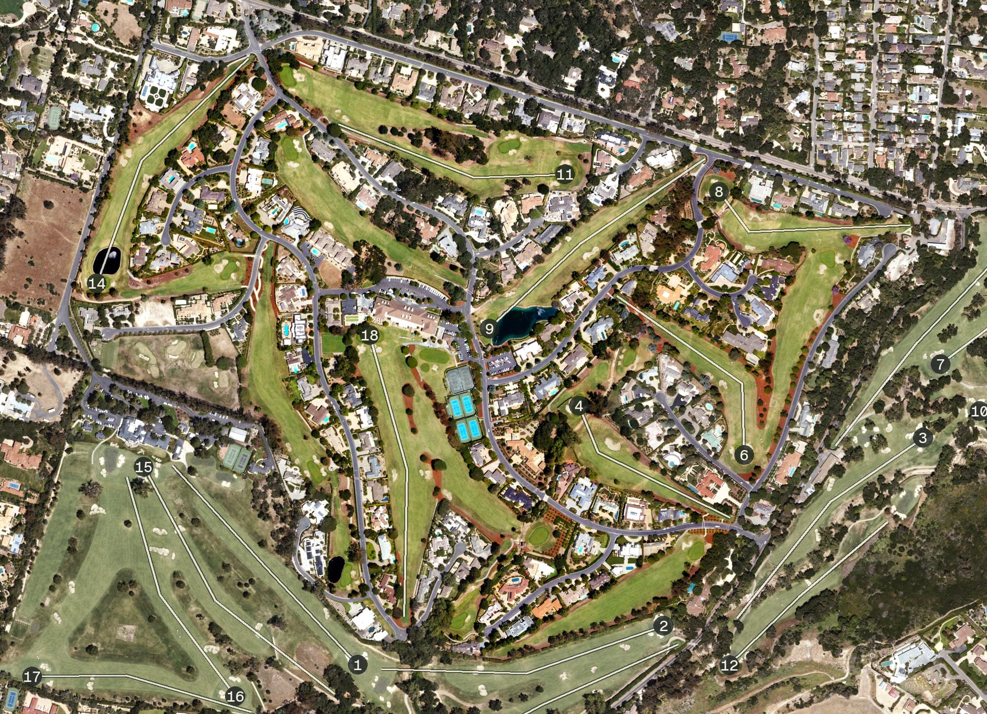 Aerial view of Birnam Wood Golf Club, CA, with its hole routing marked