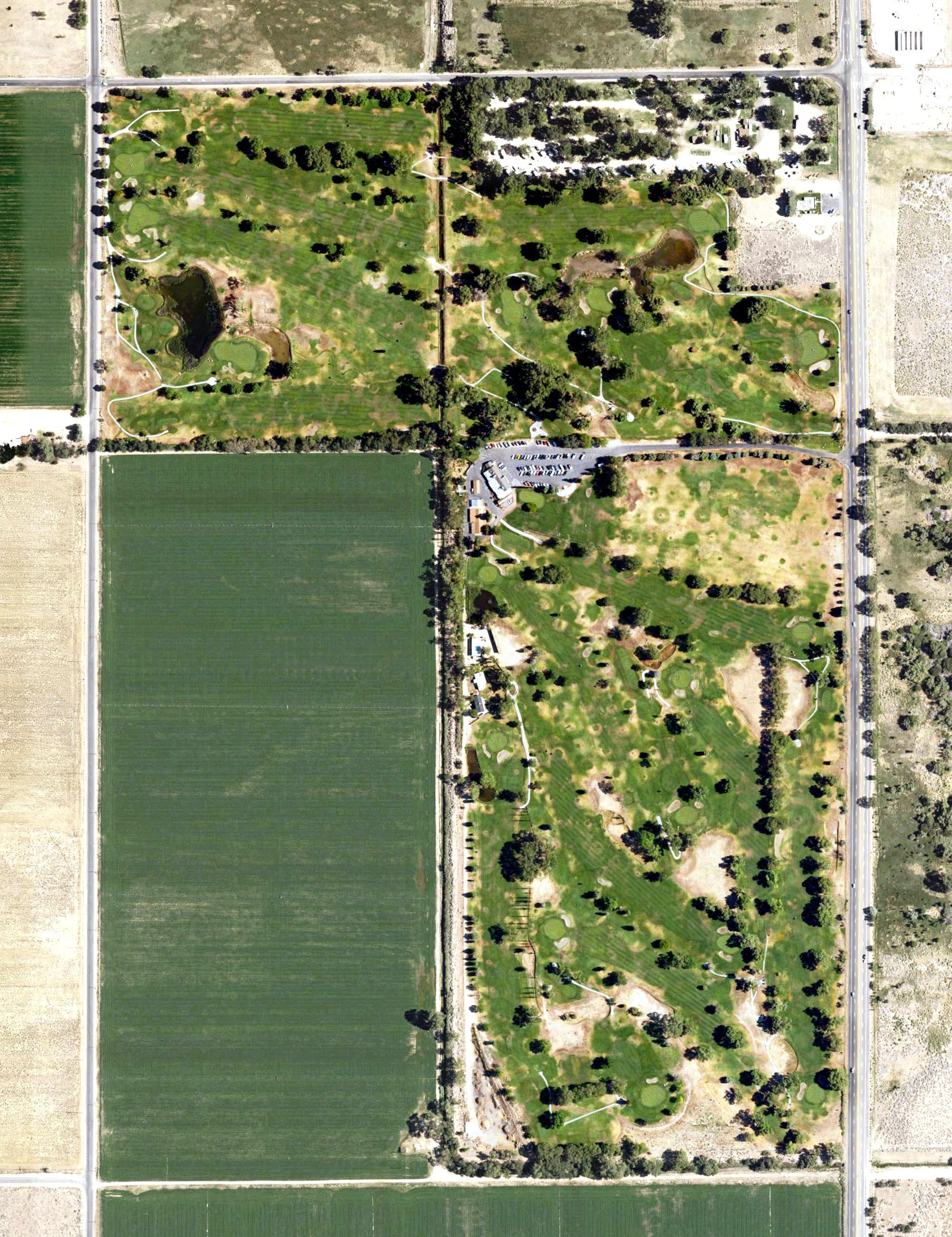 Aerial view of Bishop Golf Club, CA, with its hole routing marked