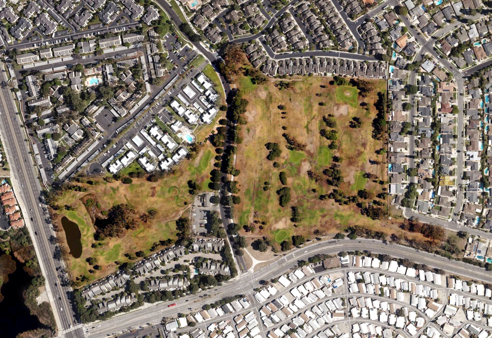 Aerial view of Bixby Village Golf Course, CA, with its hole routing marked