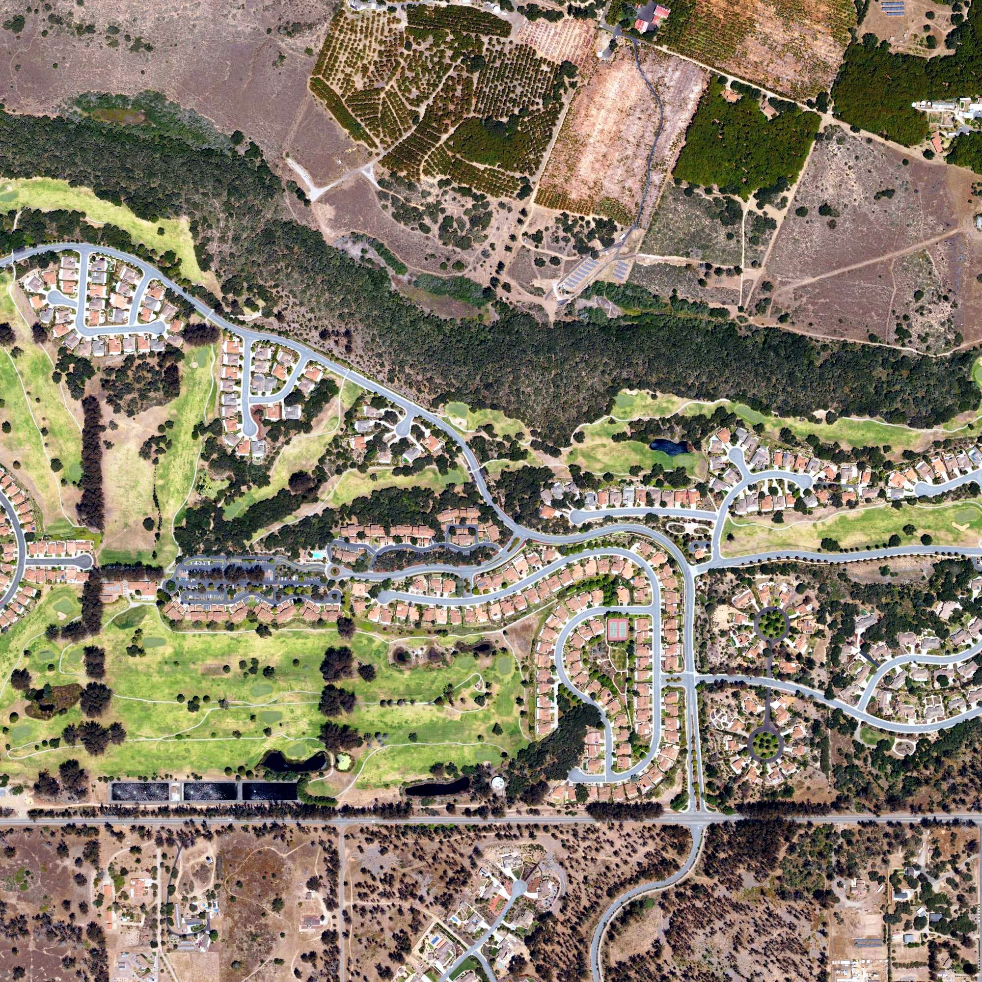 Aerial view of Black Lake Golf Course, CA, with its hole routing marked