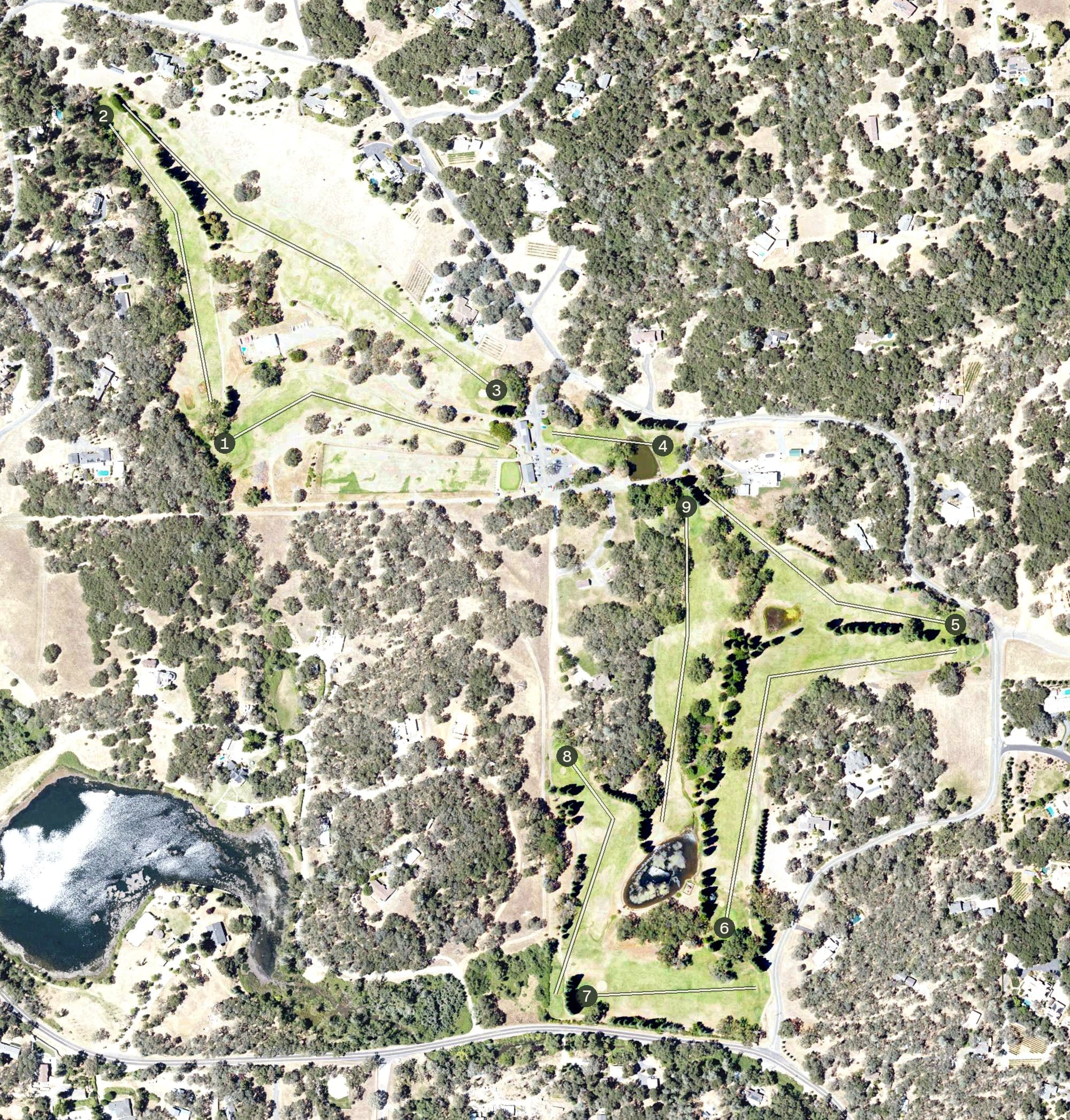 Aerial view of Black Oak Golf Course, CA, with its hole routing marked