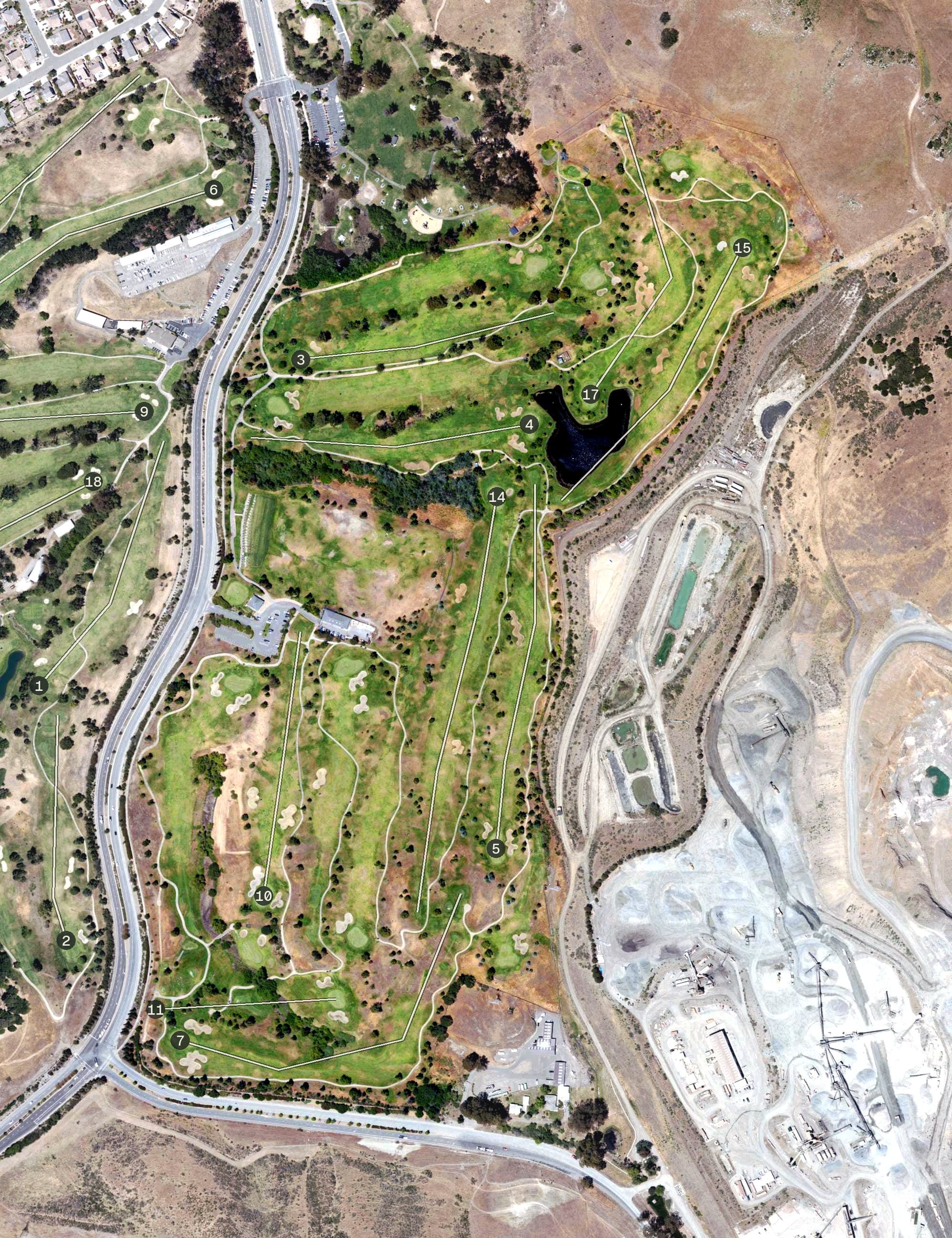 Aerial view of Blue Rock Spring Golf Club - East Course, CA, with its hole routing marked