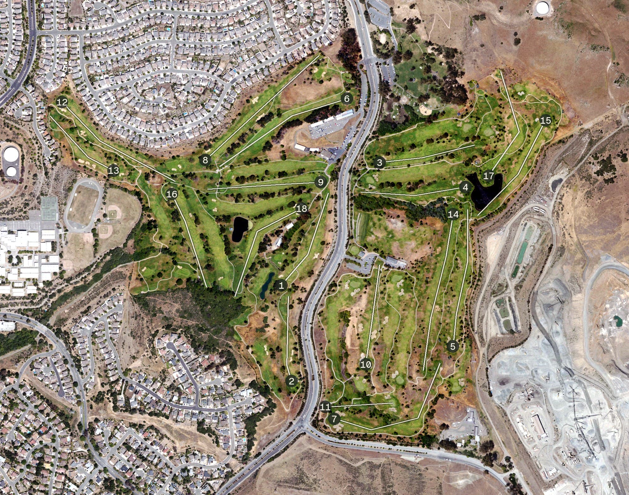 Aerial view of Blue Rock Spring Golf Club, CA, with its hole routing marked