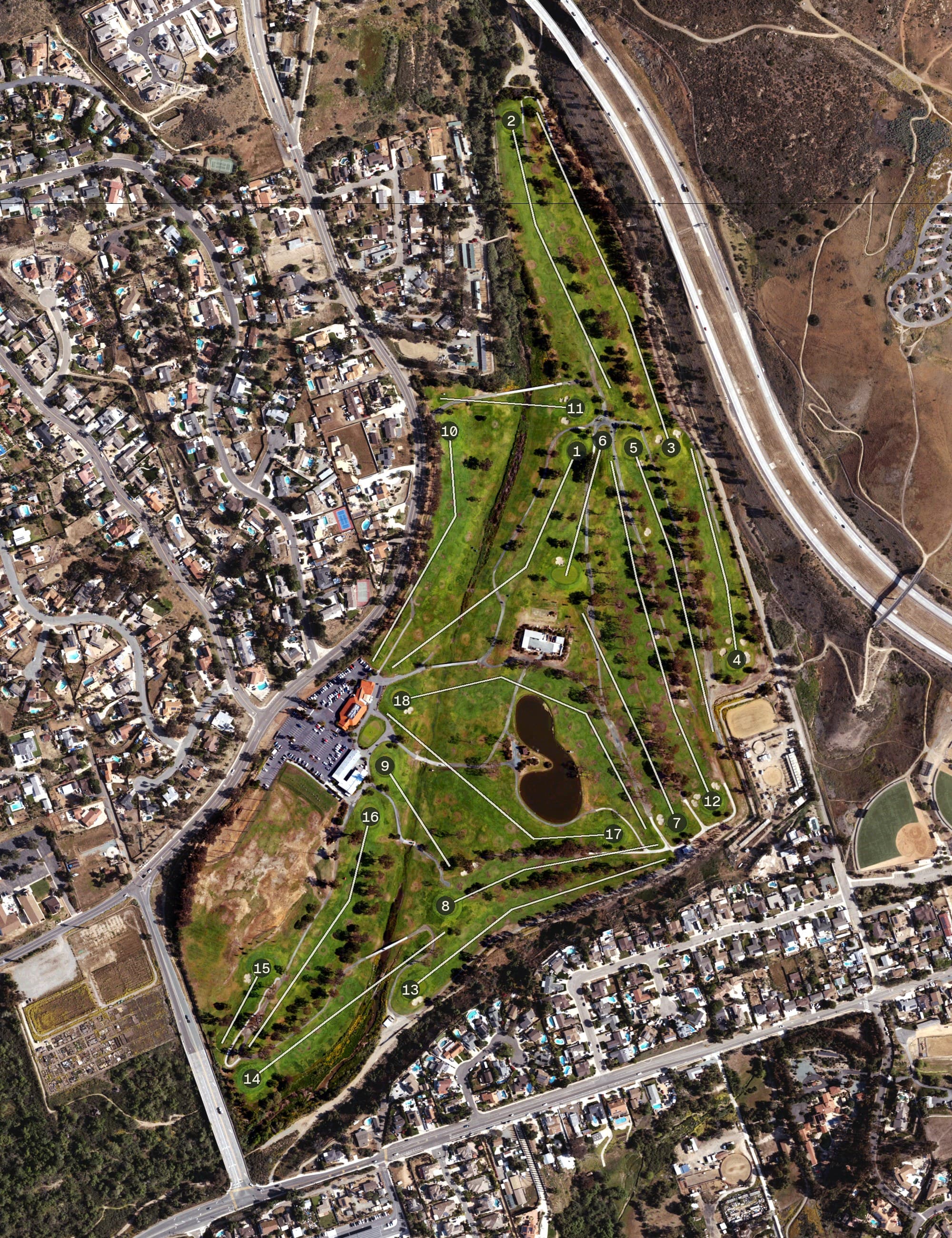 Aerial view of Bonita Golf Course, CA, with its hole routing marked