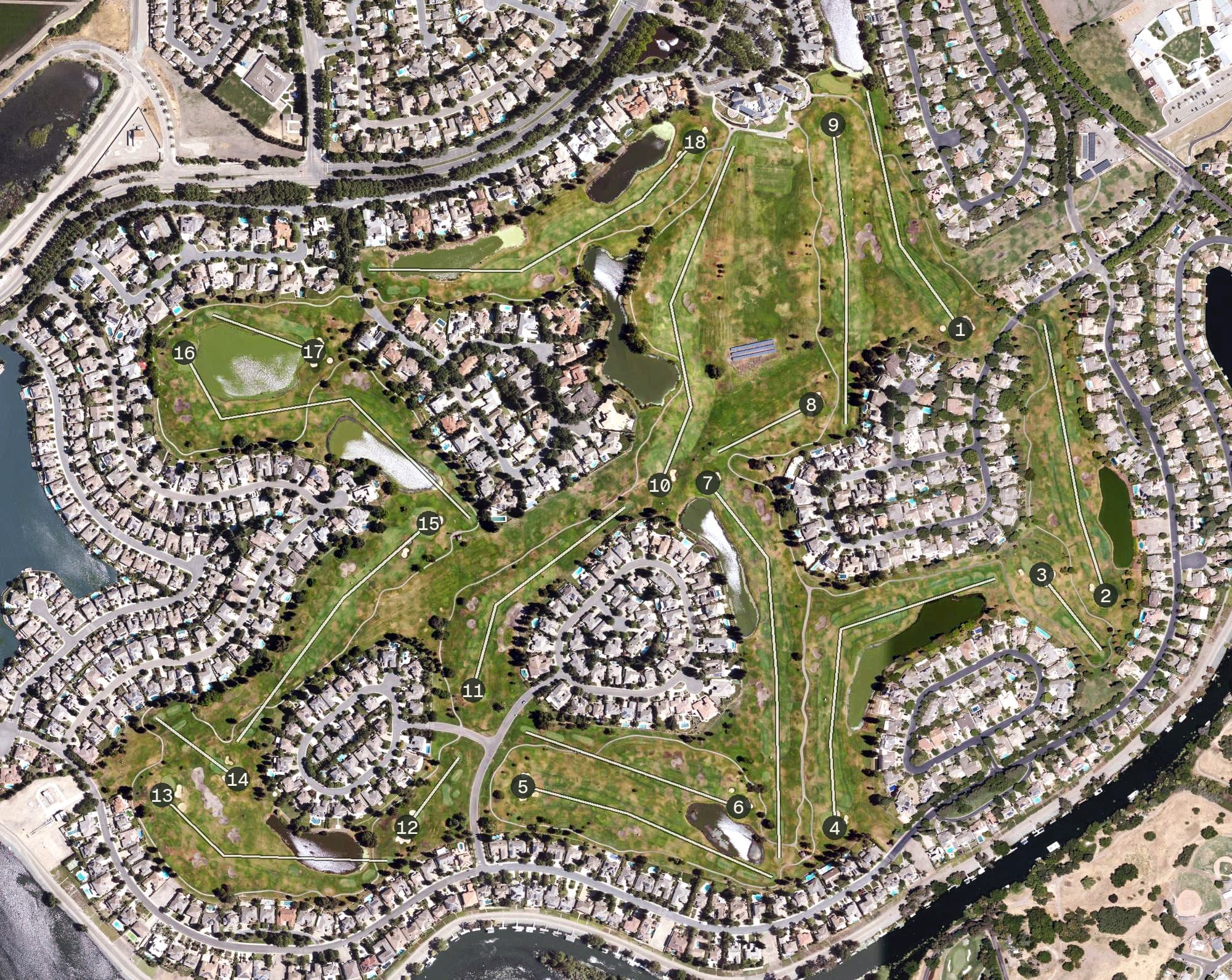 Aerial view of Brookside Country Club, CA, with its hole routing marked