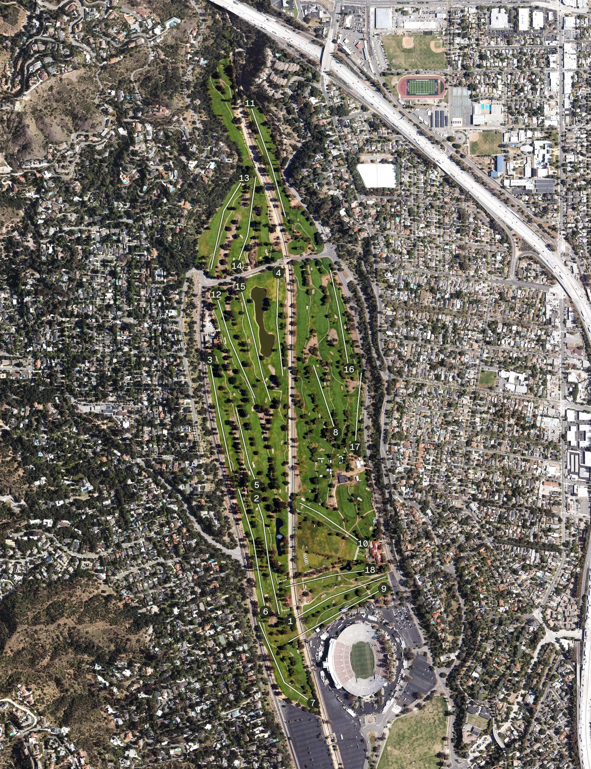 Aerial view of Brookside Golf Club, CA, with its hole routing marked