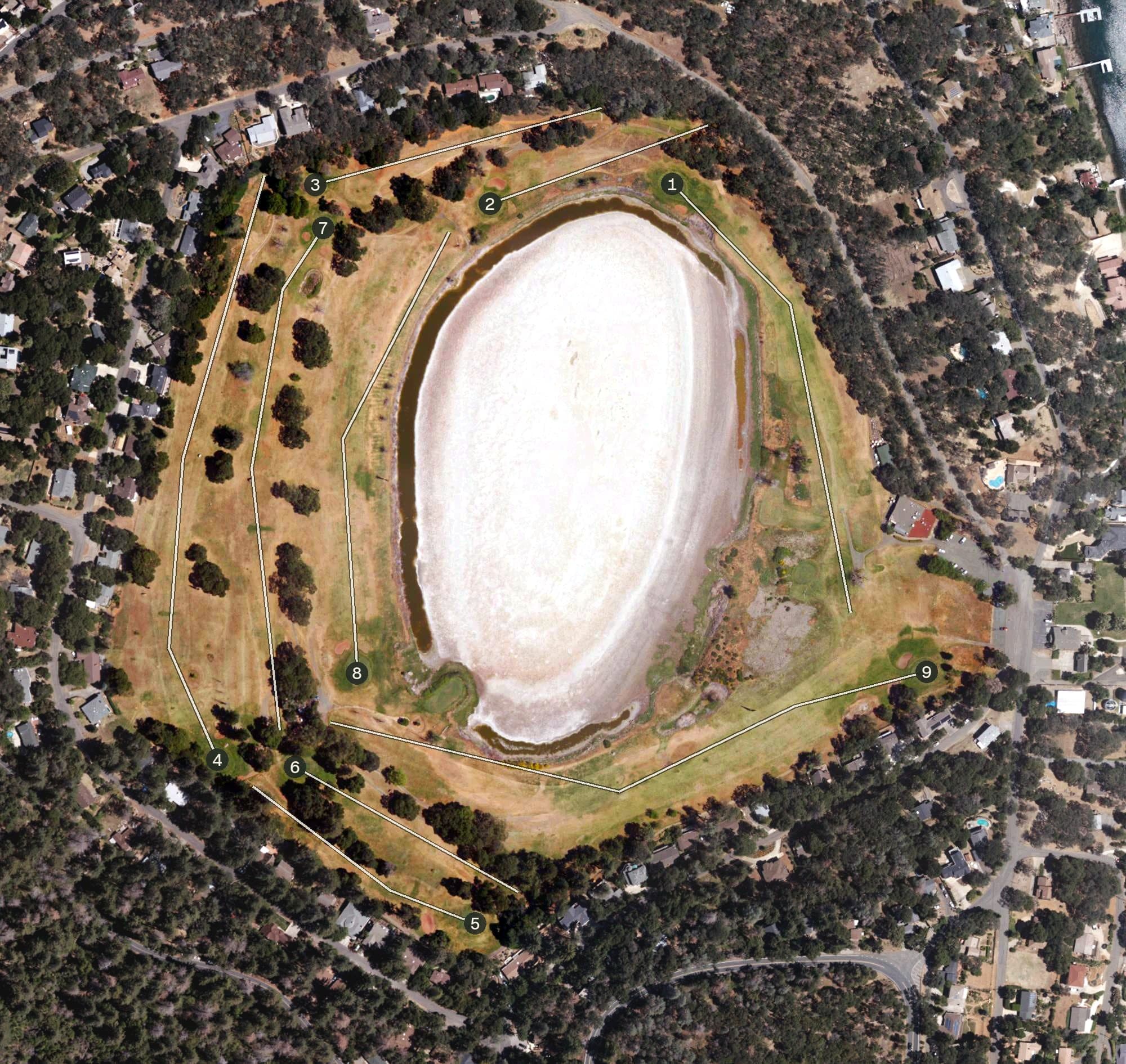 Aerial view of Buckingham Golf & Country Club, CA, with its hole routing marked