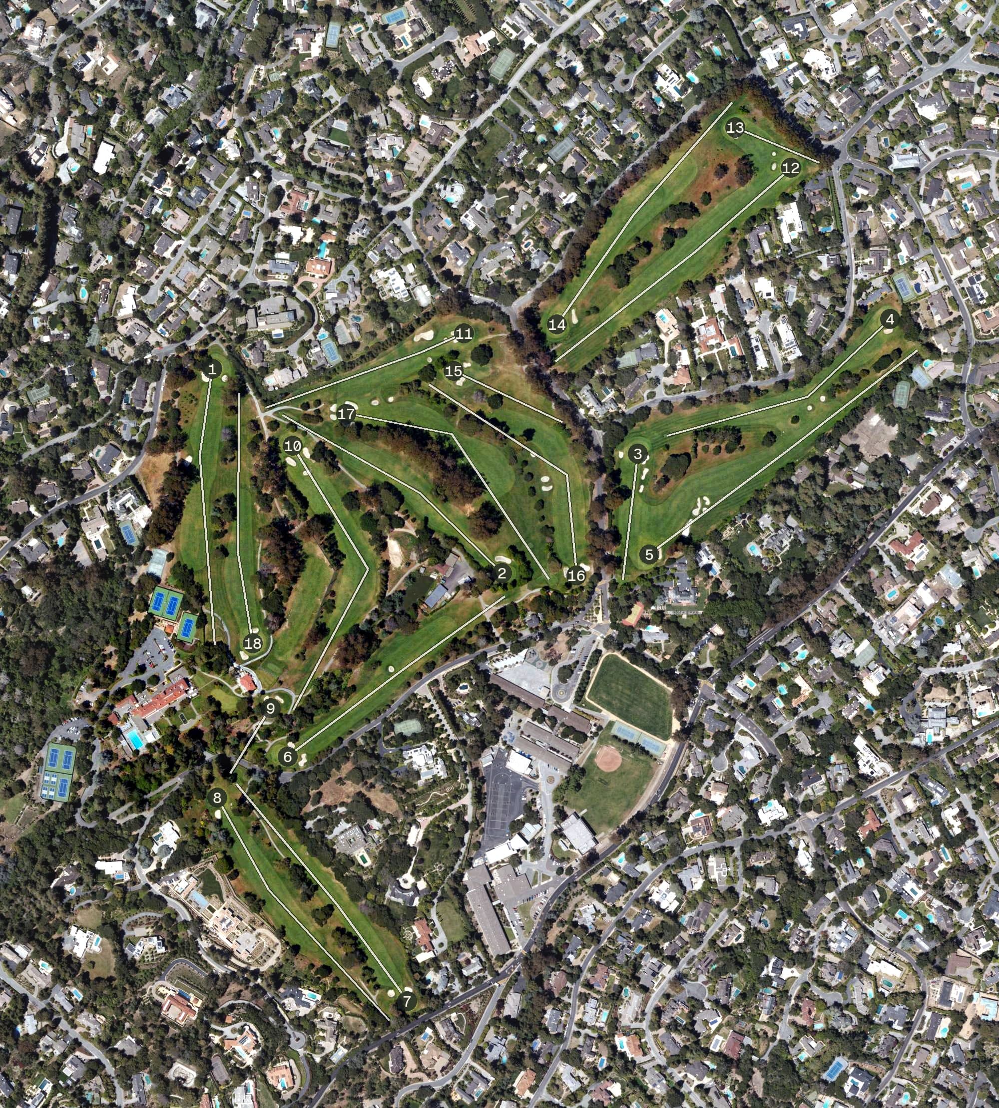 Aerial view of Burlingame Country Club, CA, with its hole routing marked