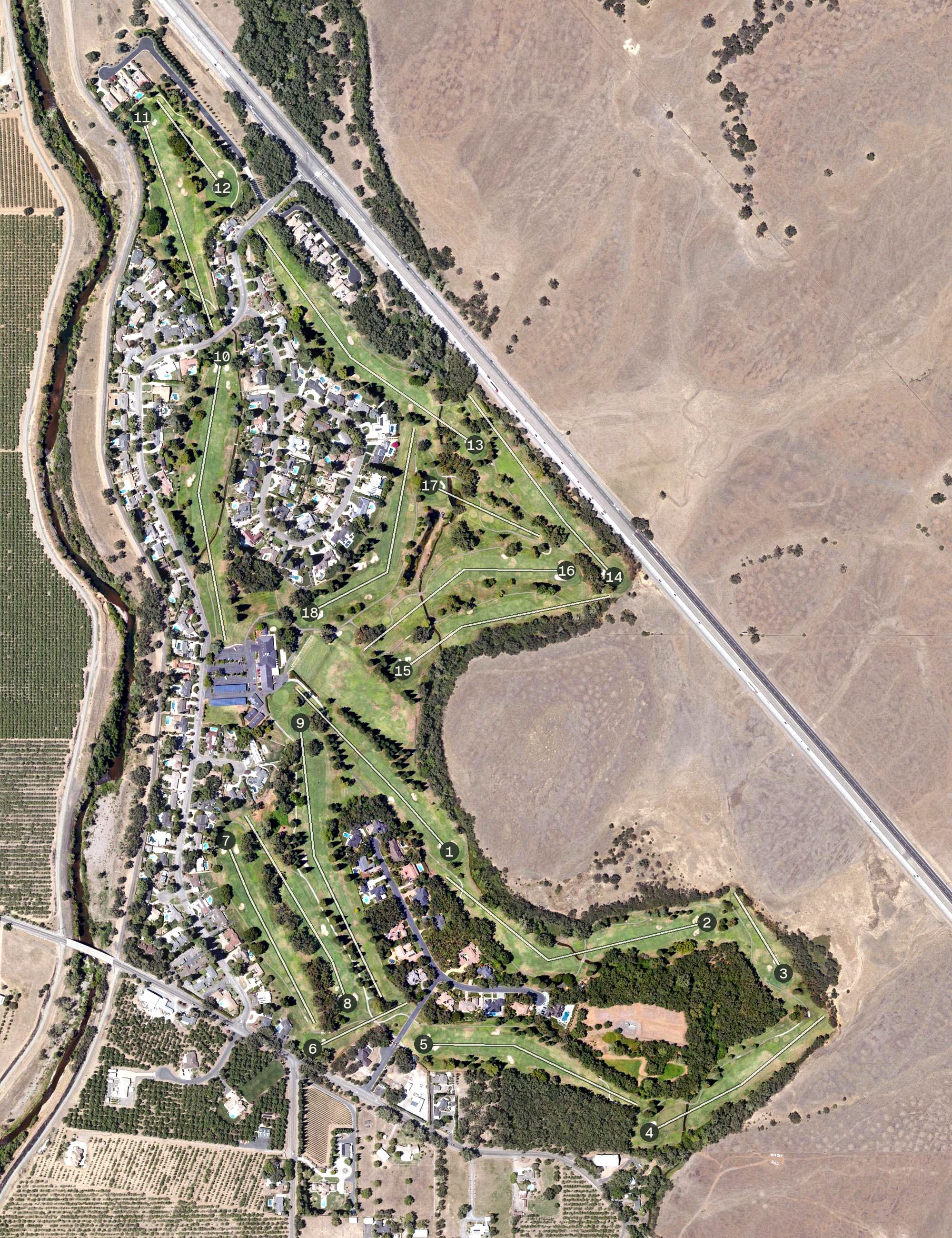 Aerial view of Butte Creek Country Club, CA, with its hole routing marked