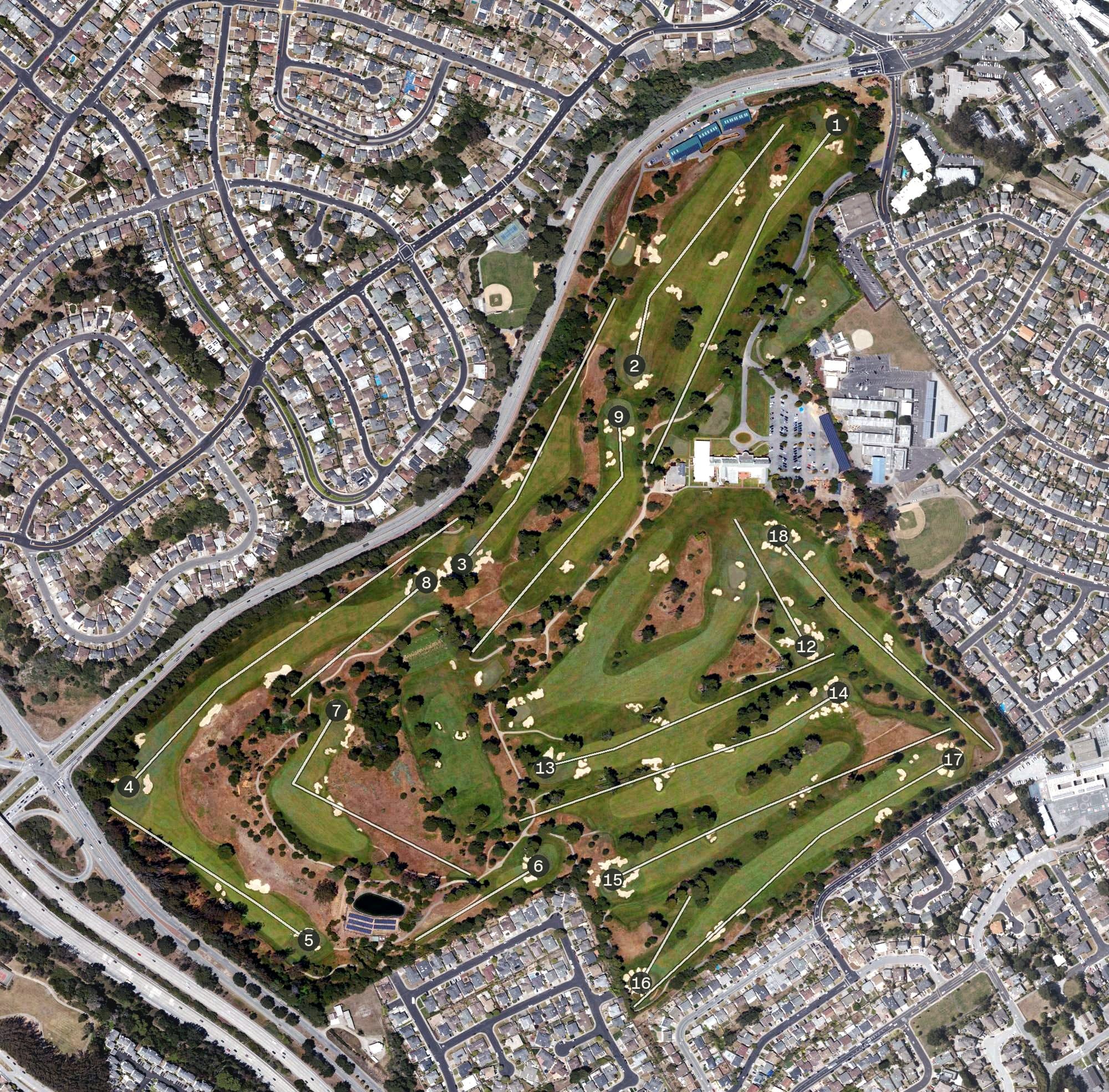 Aerial view of California Golf Club of San Francisco, CA, with its hole routing marked