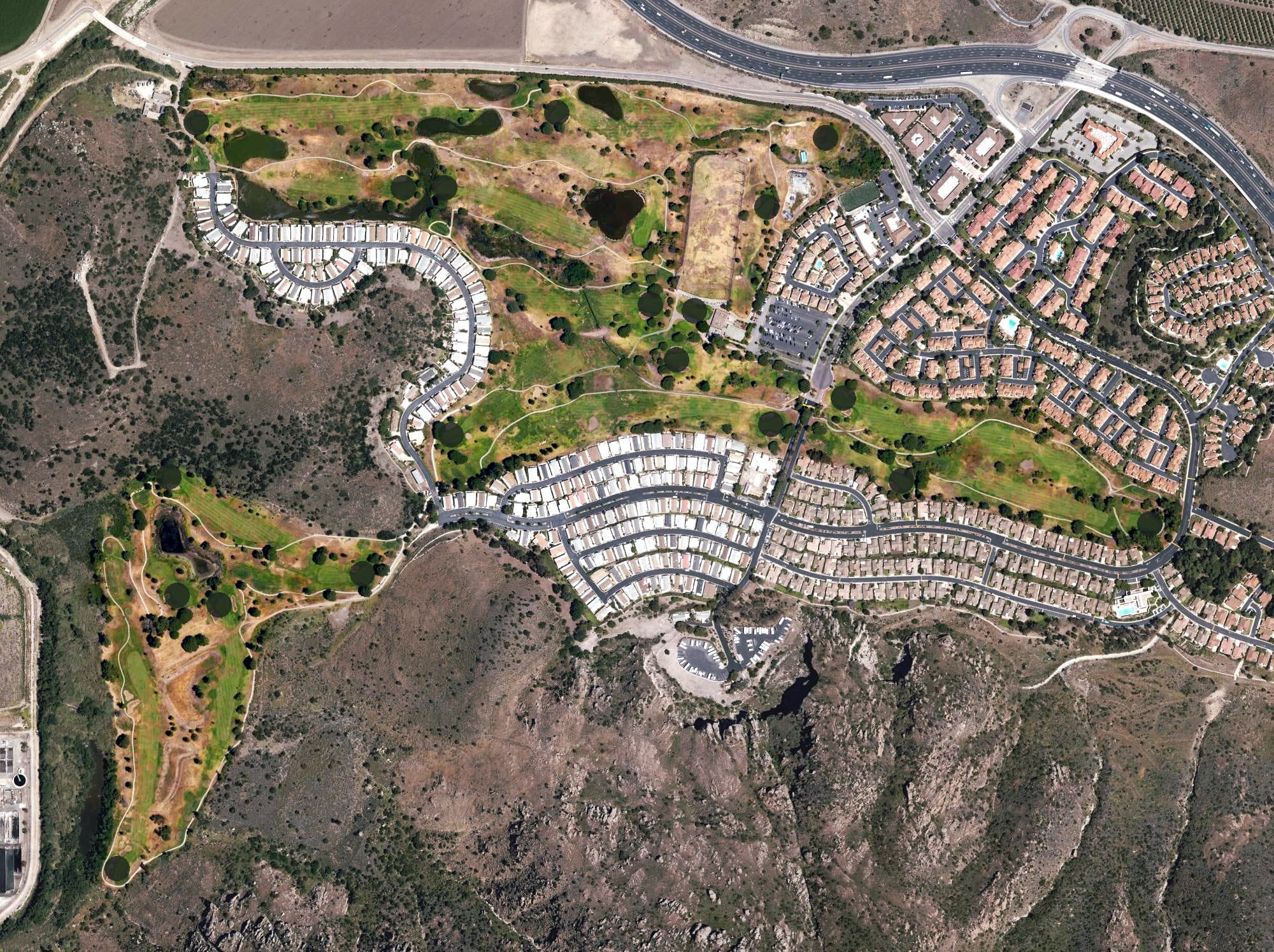 Aerial view of Camarillo Springs Golf Course, CA, with its hole routing marked